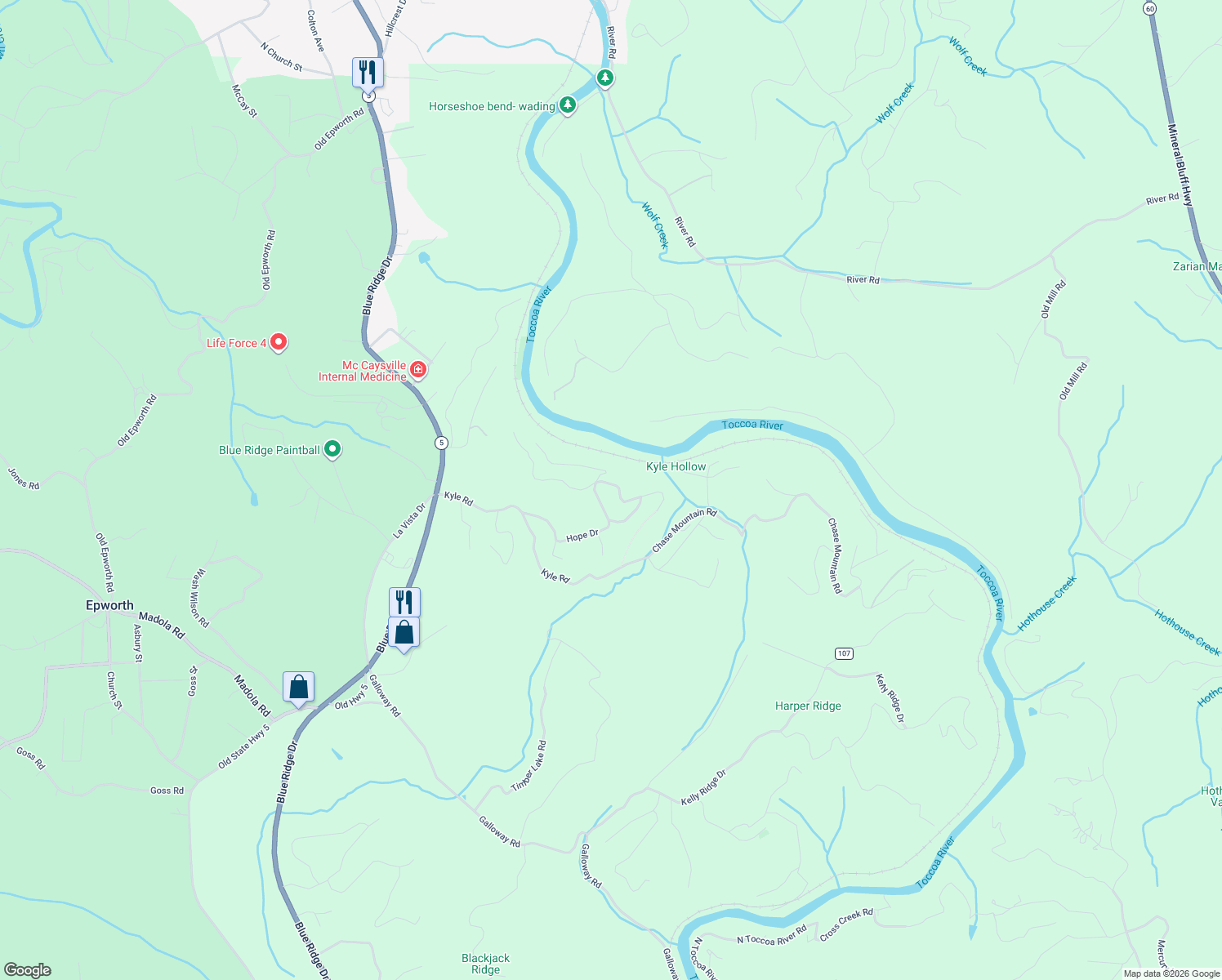 map of restaurants, bars, coffee shops, grocery stores, and more near 737 Wildwood Terrace in Mineral Bluff