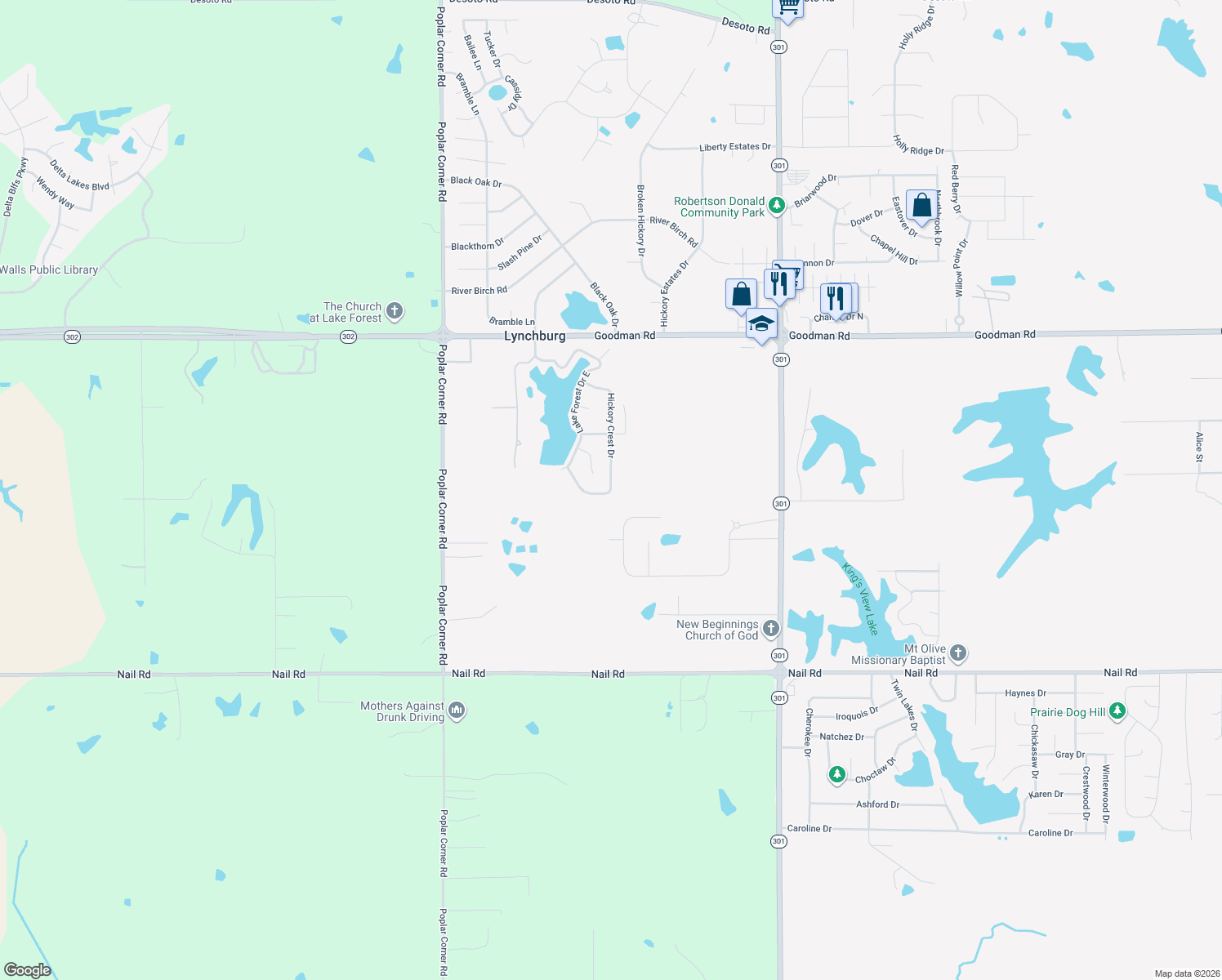 map of restaurants, bars, coffee shops, grocery stores, and more near 6856 Hickory Crest Drive South in Walls