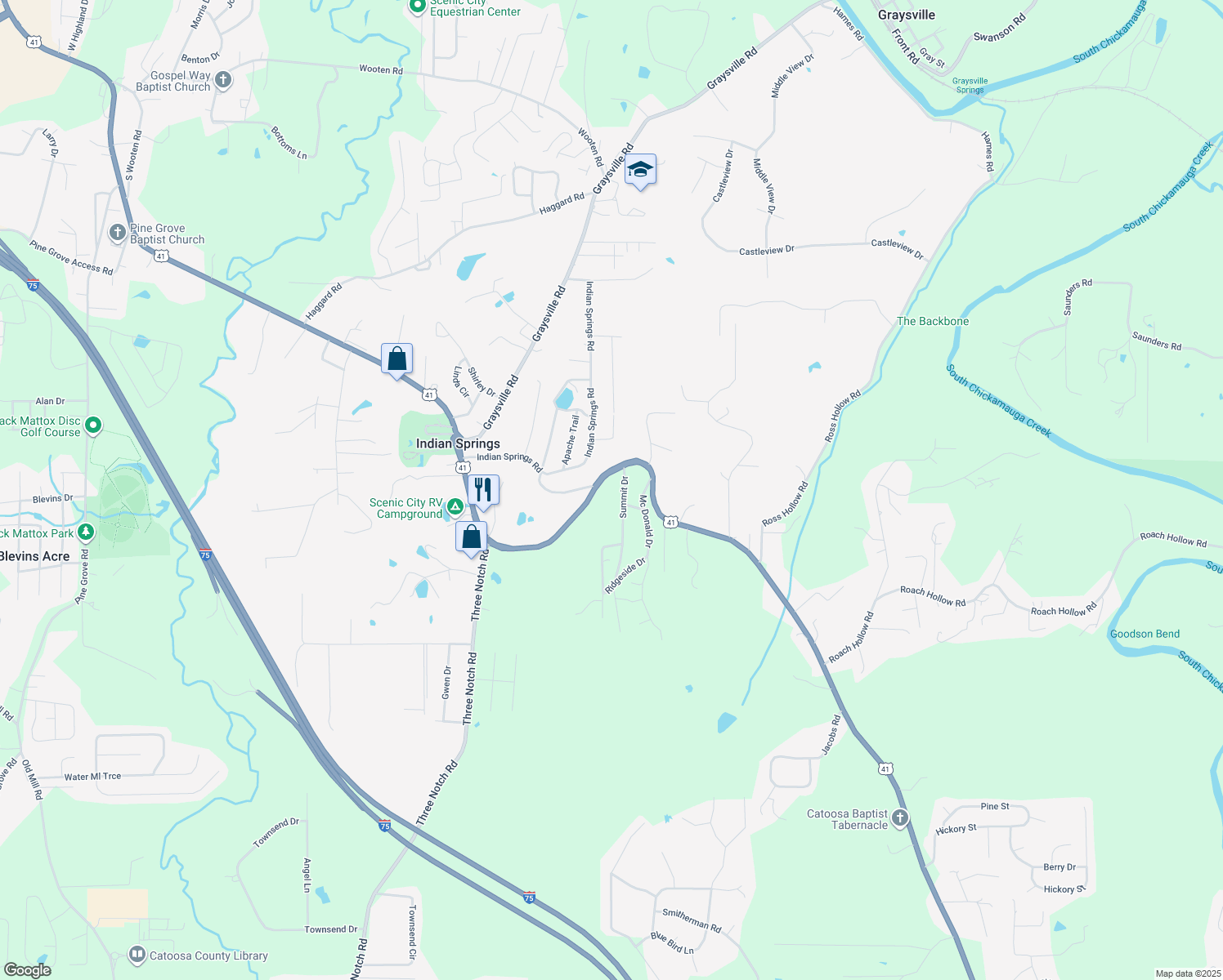 map of restaurants, bars, coffee shops, grocery stores, and more near 80 Summit Dr in Ringgold