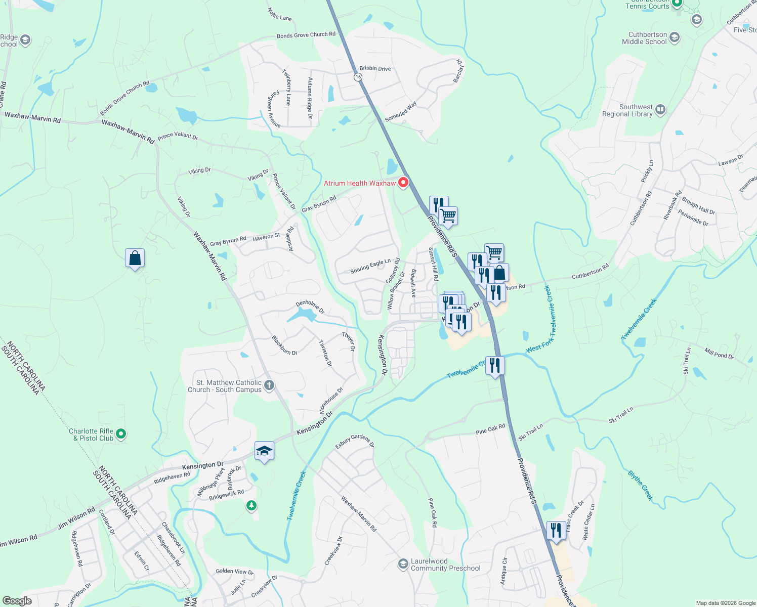 map of restaurants, bars, coffee shops, grocery stores, and more near 3300 Collaroy Road in Waxhaw