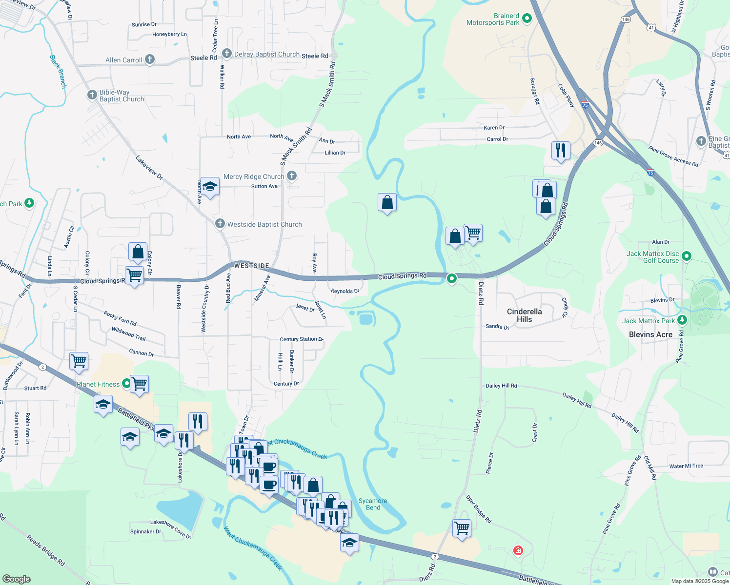 map of restaurants, bars, coffee shops, grocery stores, and more near 220 Reynolds Drive in Rossville