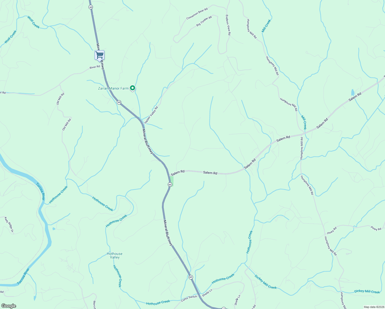map of restaurants, bars, coffee shops, grocery stores, and more near 170 Dockery Lane in Mineral Bluff