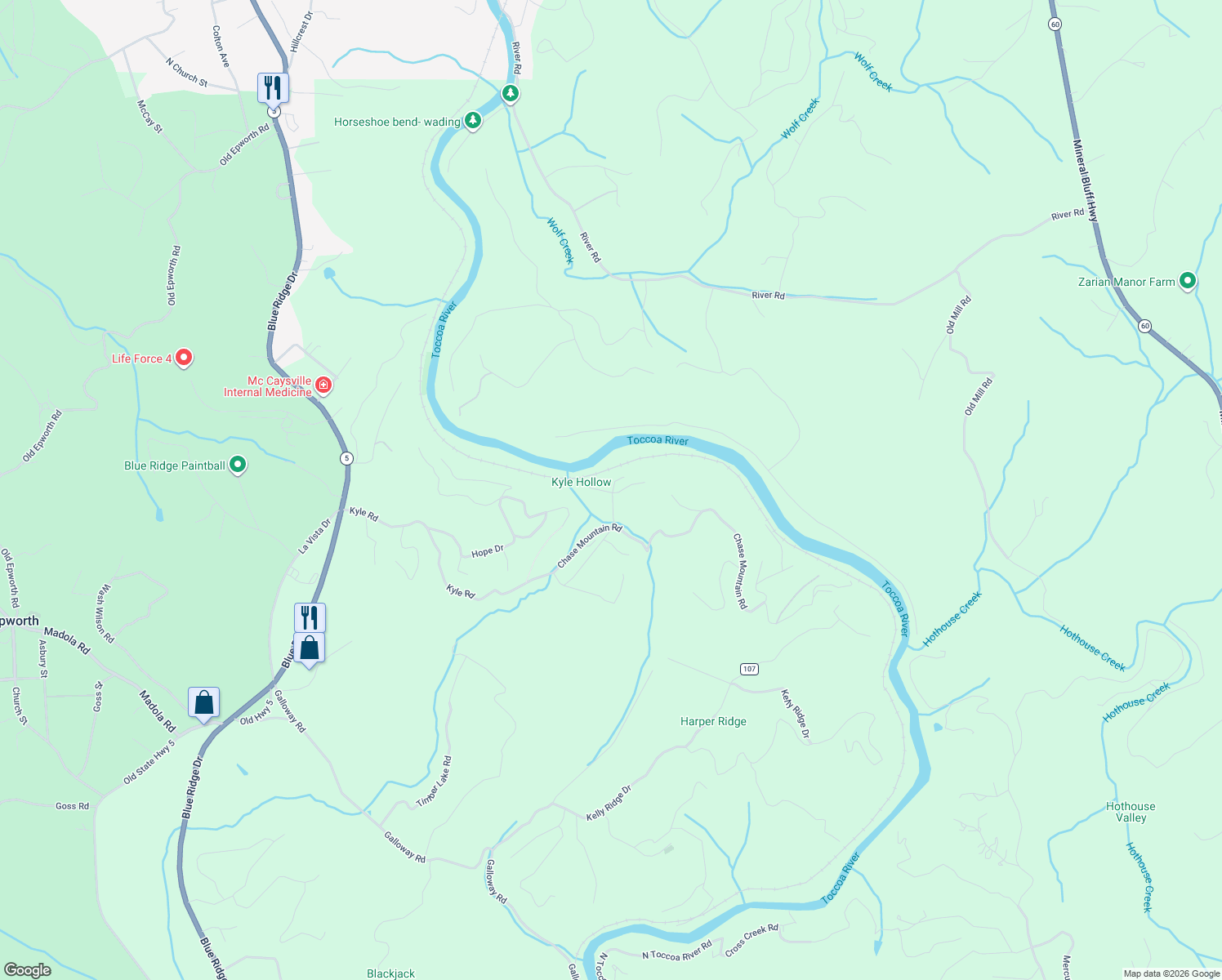 map of restaurants, bars, coffee shops, grocery stores, and more near 12 Lower Toccoa Hills Road in Blue Ridge