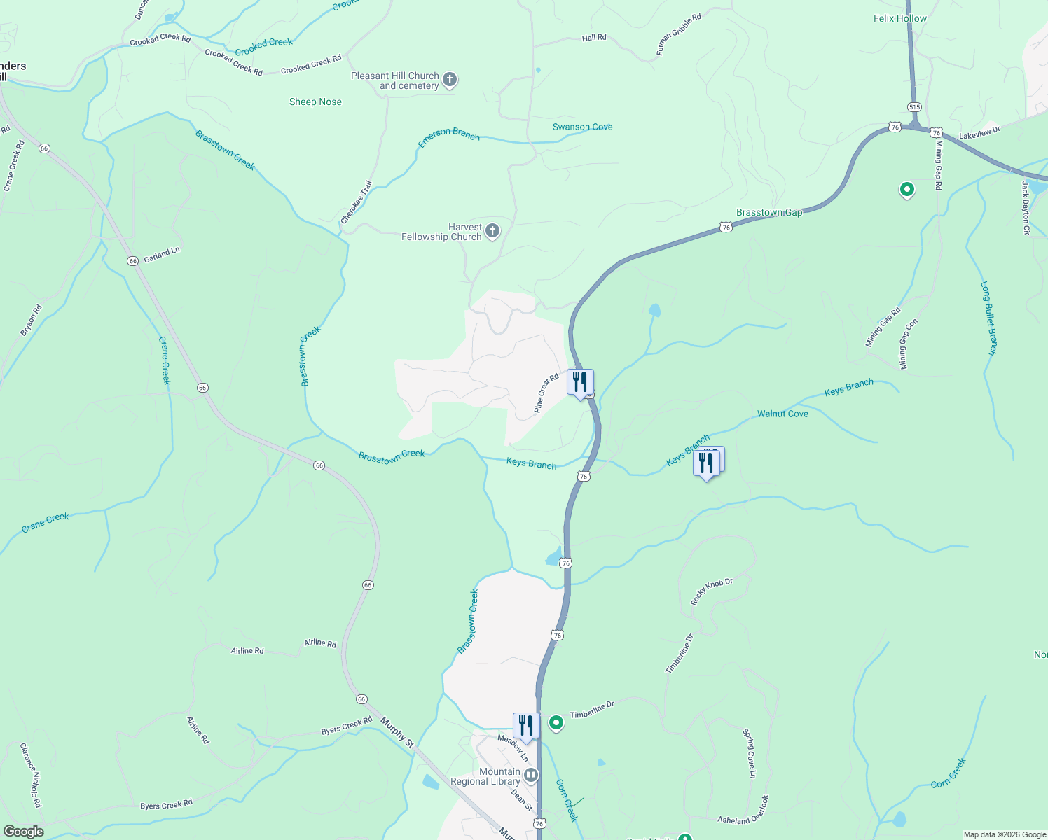 map of restaurants, bars, coffee shops, grocery stores, and more near 5301 Pine Crest Road in Young Harris