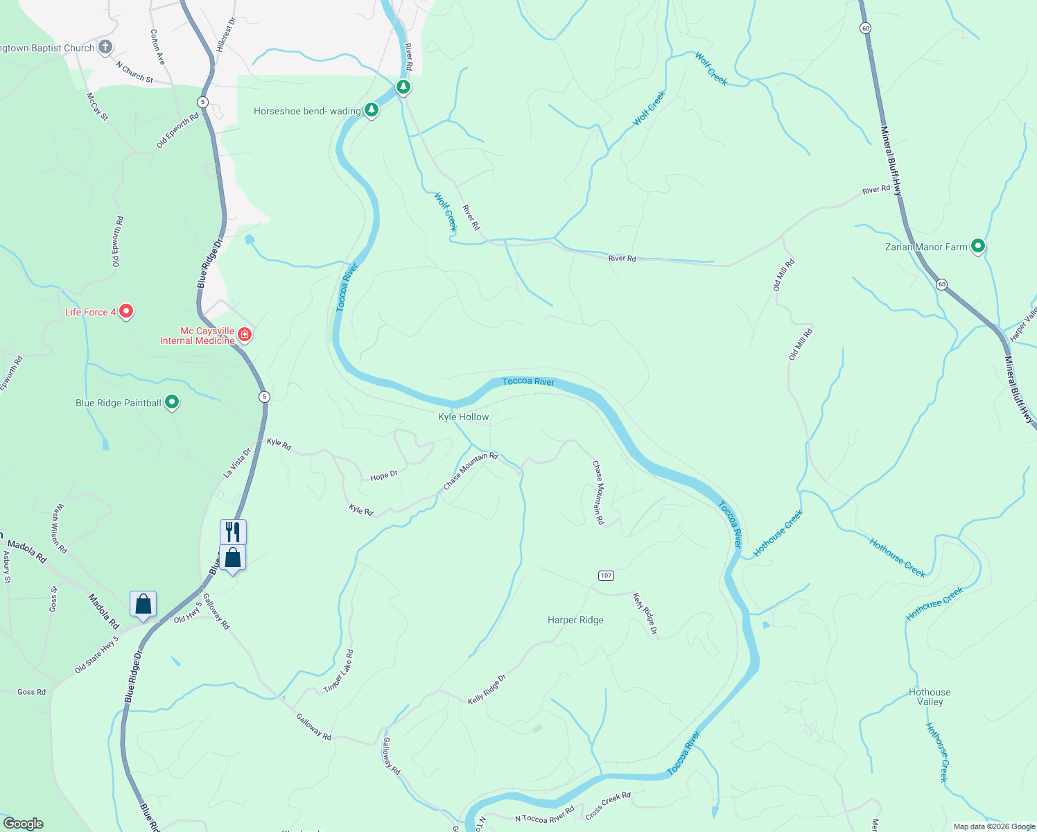 map of restaurants, bars, coffee shops, grocery stores, and more near 41 Toccoa Hills Road in Blue Ridge