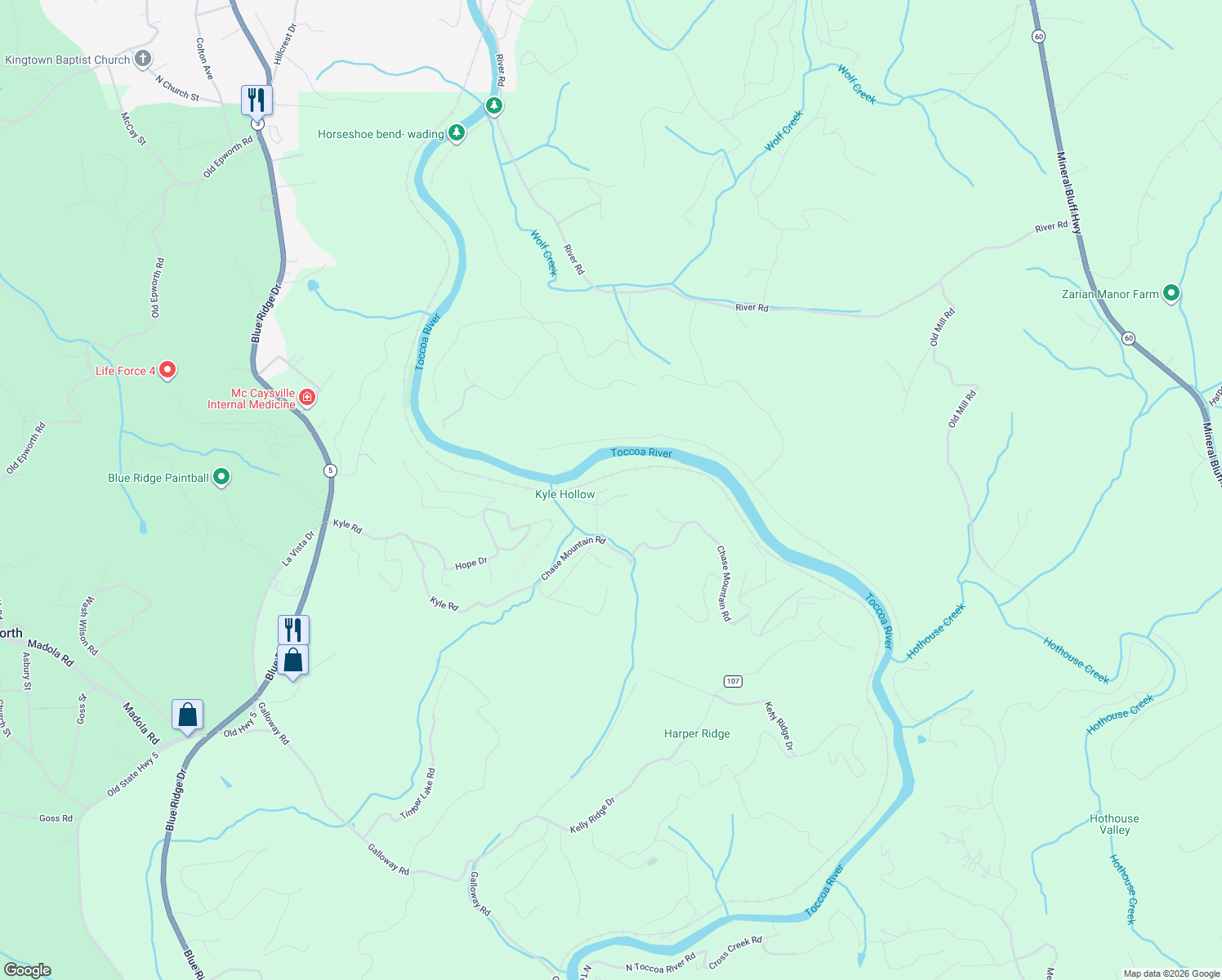 map of restaurants, bars, coffee shops, grocery stores, and more near 41 Toccoa Hills Road in Blue Ridge