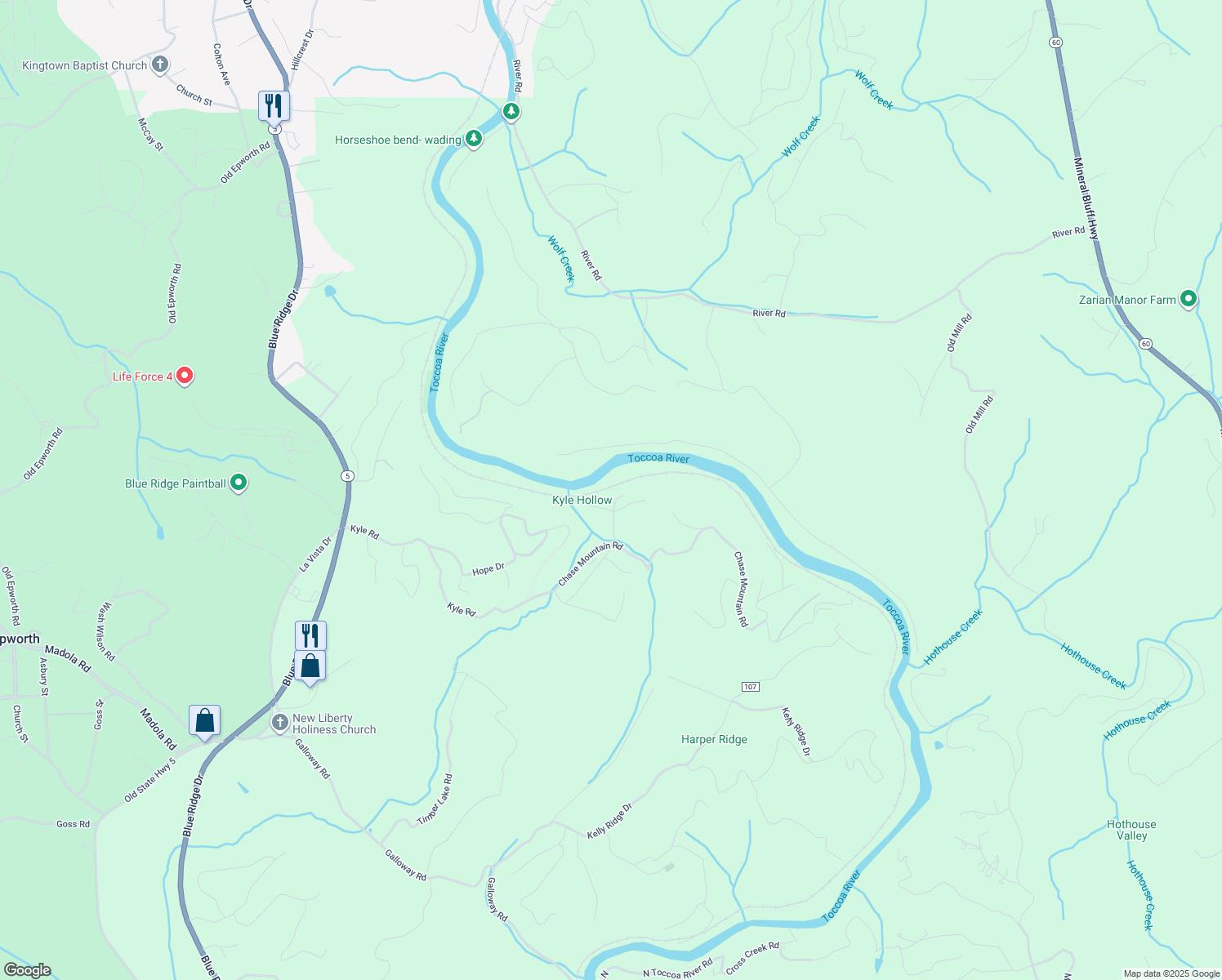 map of restaurants, bars, coffee shops, grocery stores, and more near 12 Lower Toccoa Hills Road in Blue Ridge