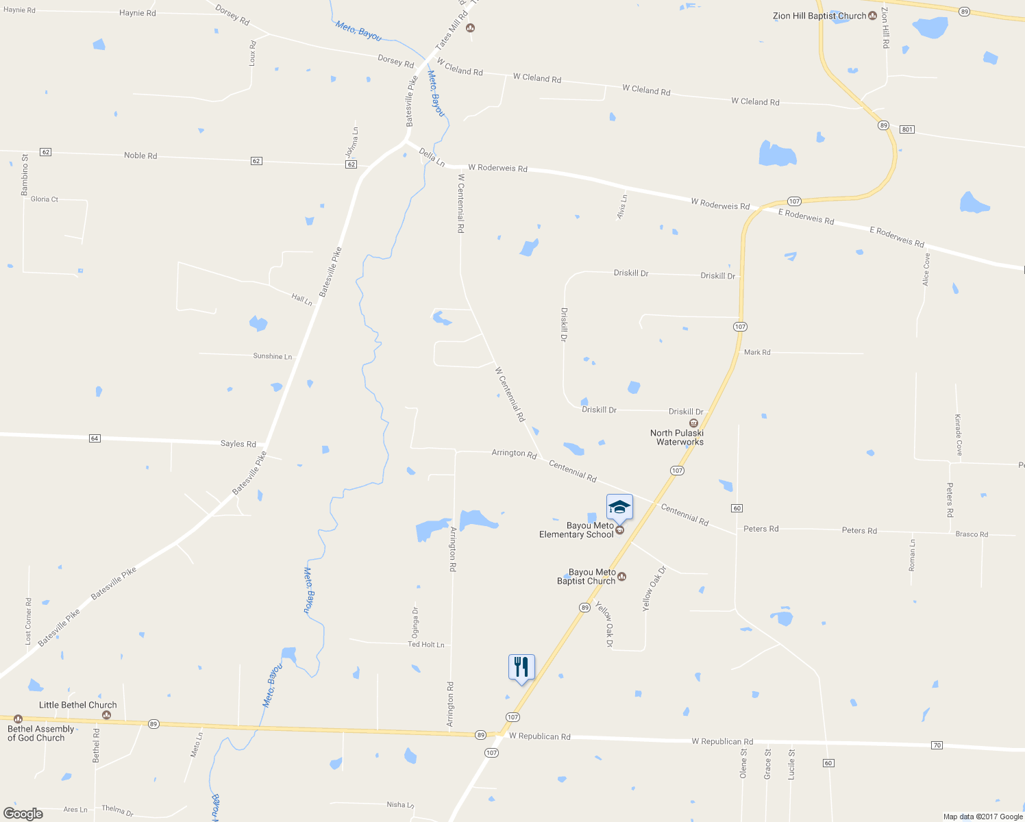 map of restaurants, bars, coffee shops, grocery stores, and more near 9921 West Centennial Road in Cabot