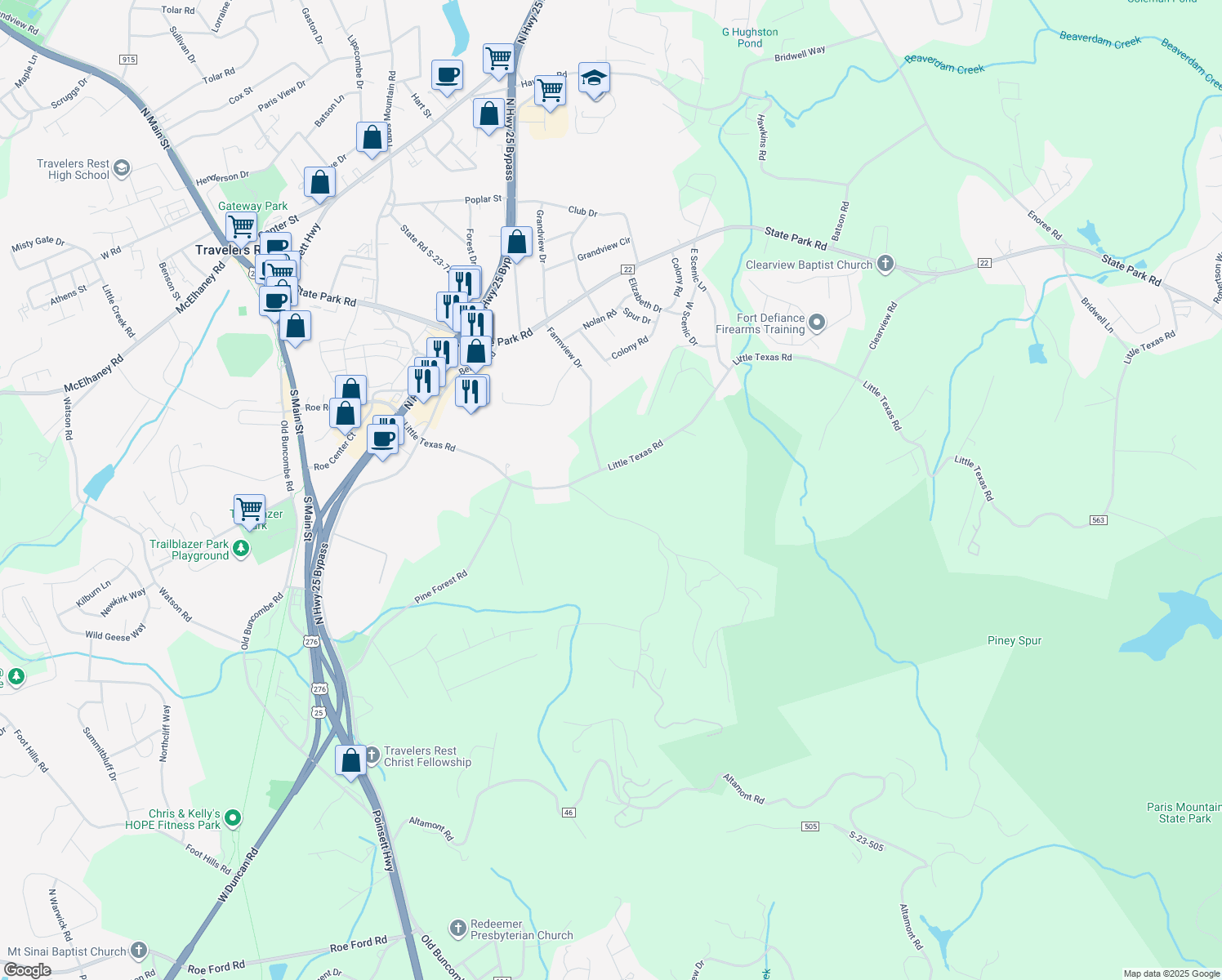 map of restaurants, bars, coffee shops, grocery stores, and more near 410 Little Texas Road in Travelers Rest