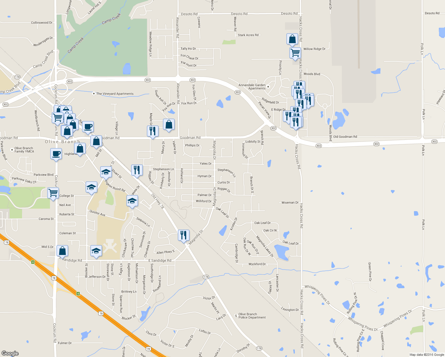map of restaurants, bars, coffee shops, grocery stores, and more near 6714 Curtis Cove in Olive Branch