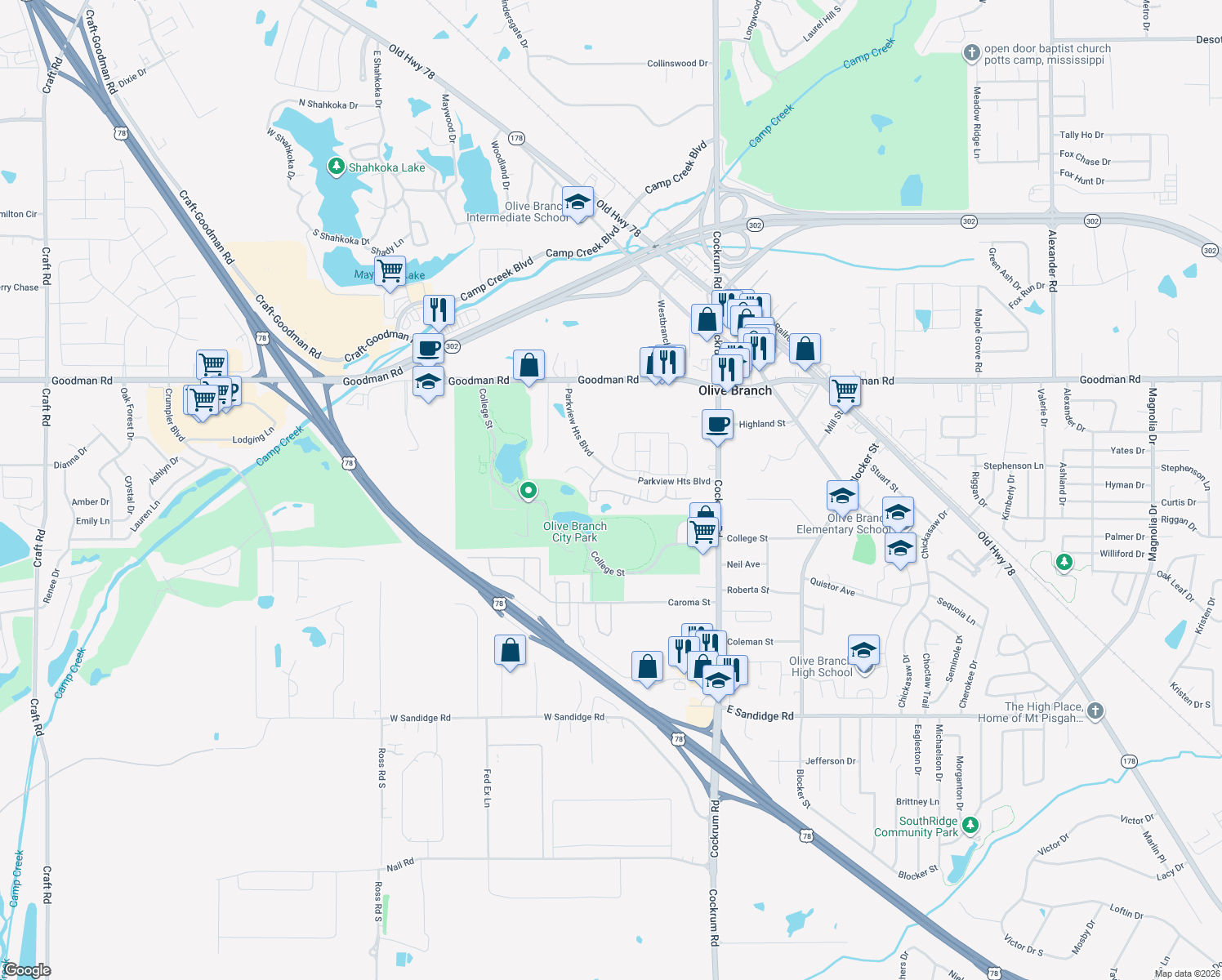 map of restaurants, bars, coffee shops, grocery stores, and more near Oak Heights Ln in Olive Branch