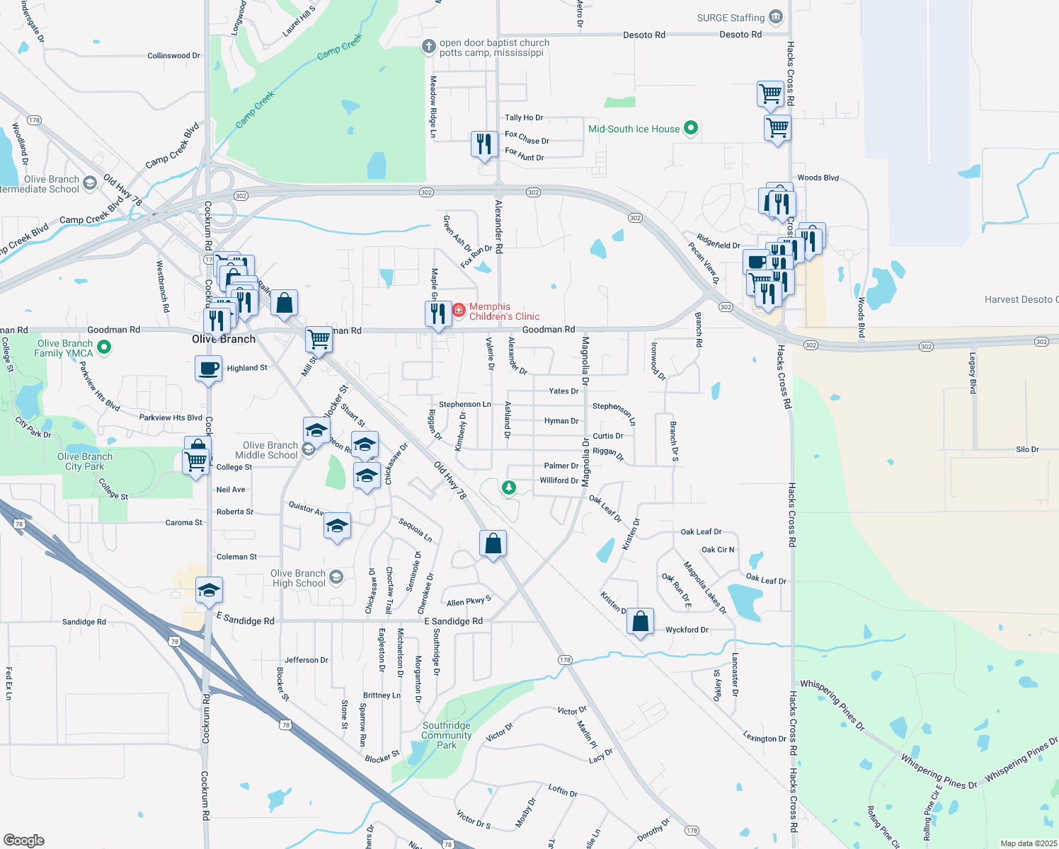 map of restaurants, bars, coffee shops, grocery stores, and more near 10101 Hyman Drive in Olive Branch