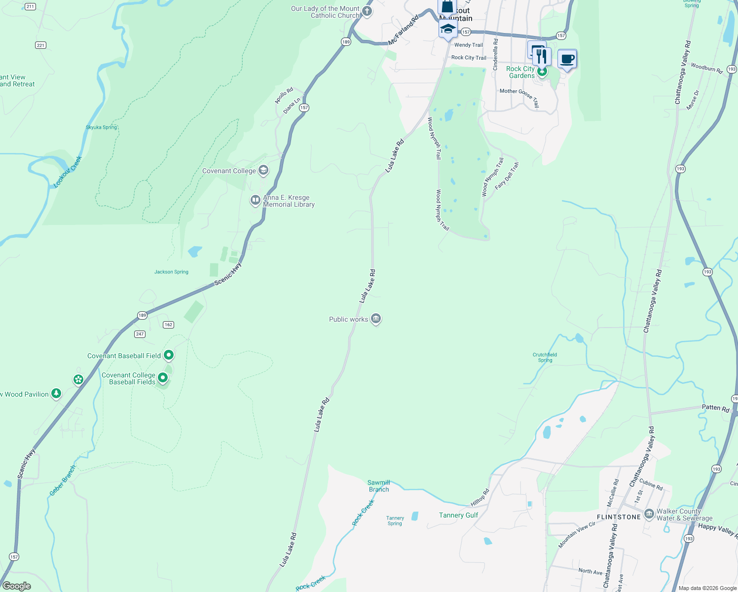 map of restaurants, bars, coffee shops, grocery stores, and more near 1819 Lula Lake Road in Lookout Mountain