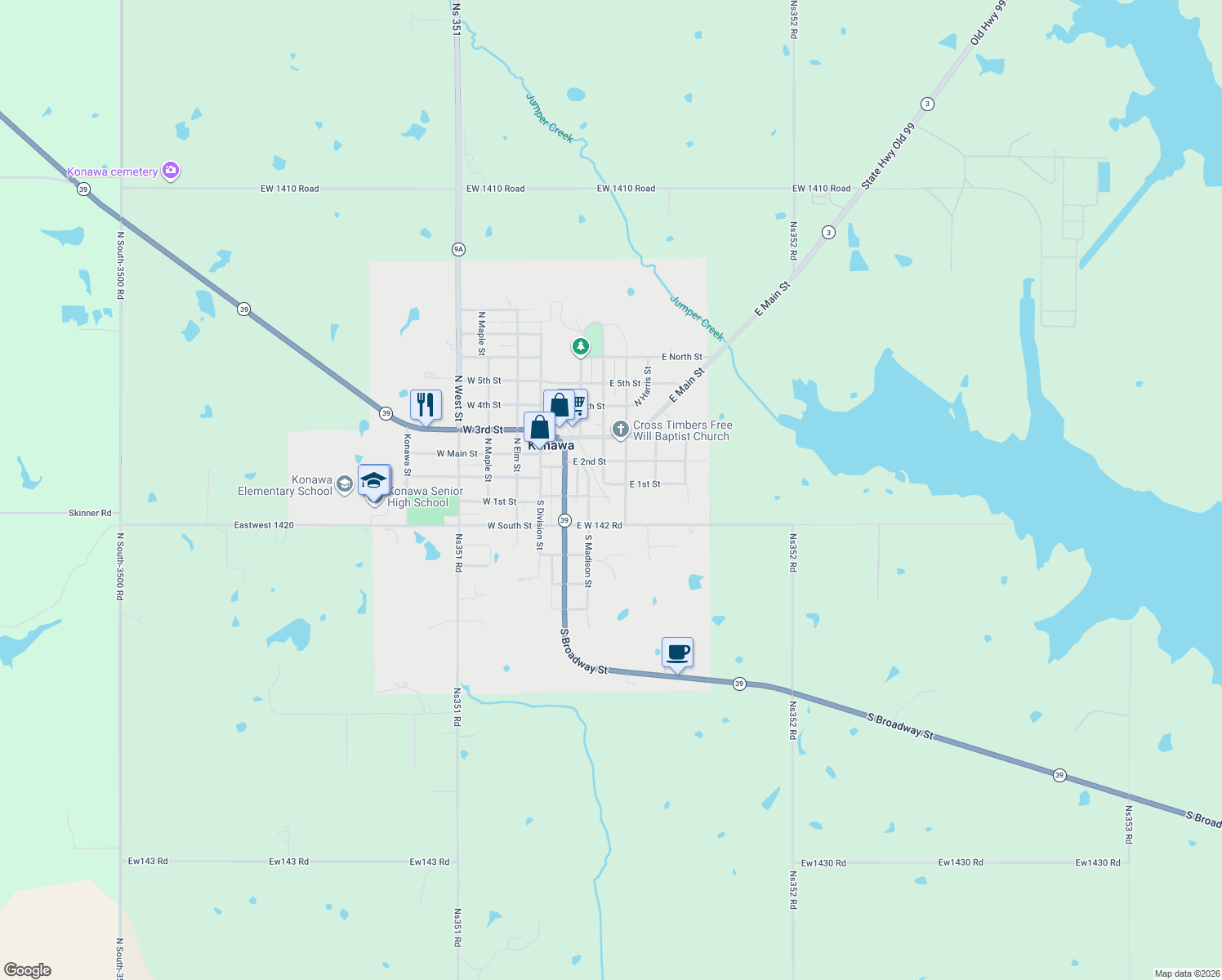 map of restaurants, bars, coffee shops, grocery stores, and more near 304 E 2nd St in Konawa