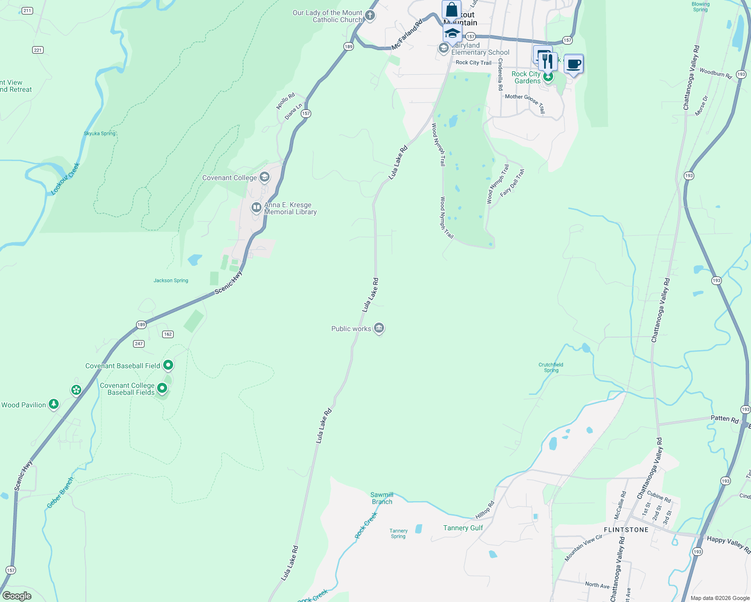 map of restaurants, bars, coffee shops, grocery stores, and more near 1819 Lula Lake Road in Lookout Mountain