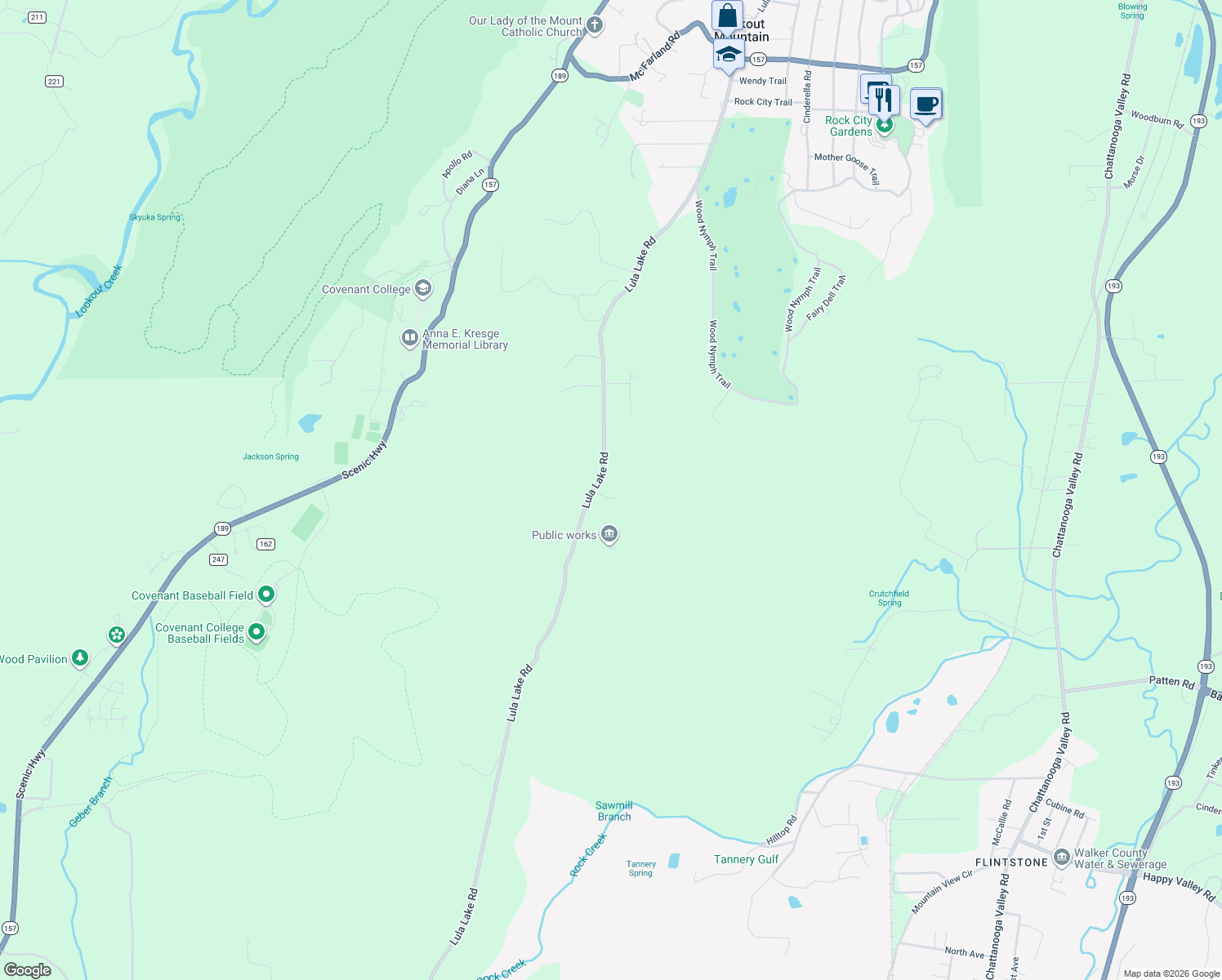 map of restaurants, bars, coffee shops, grocery stores, and more near 1819 Lula Lake Road in Lookout Mountain