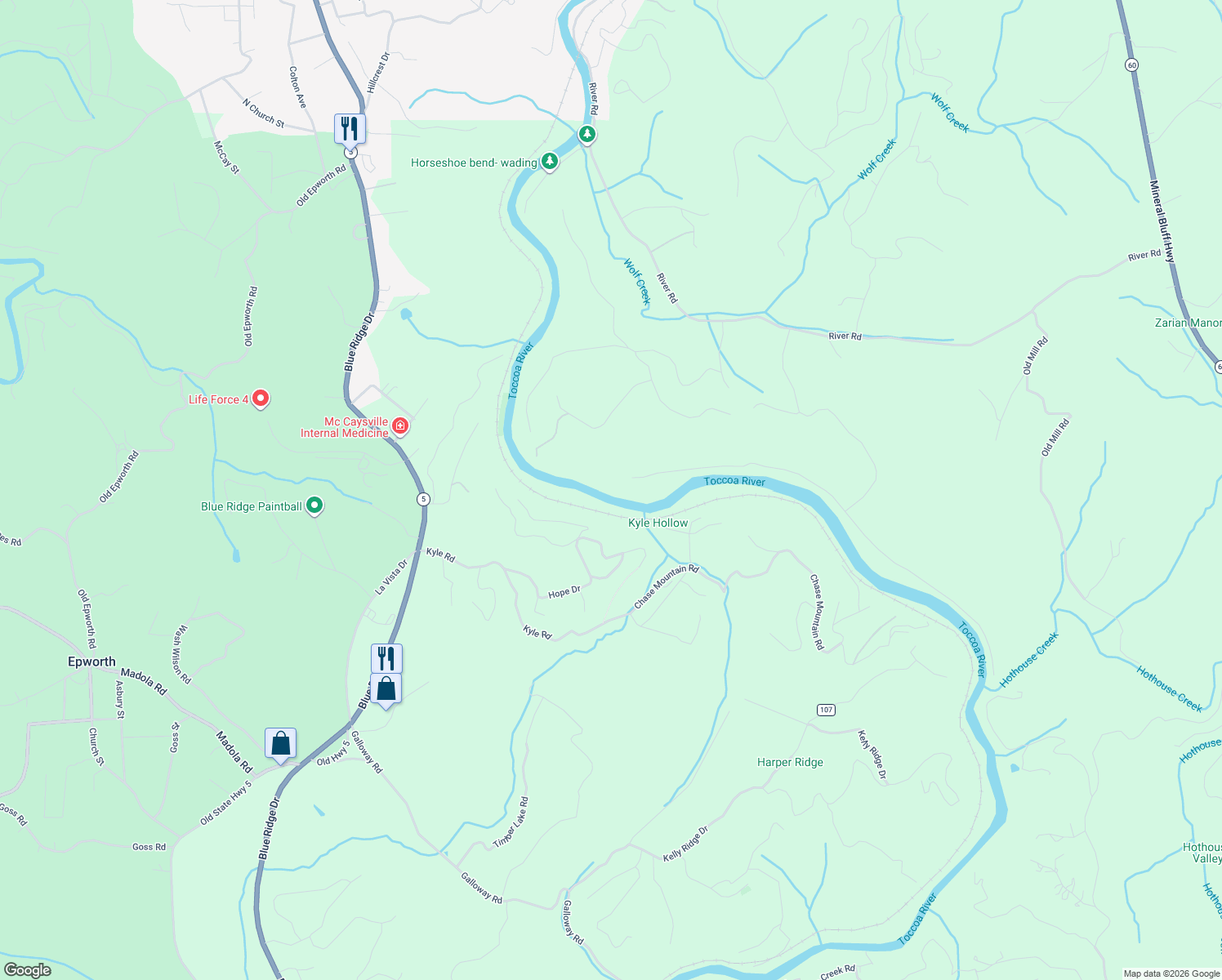map of restaurants, bars, coffee shops, grocery stores, and more near 737 Wildwood Terrace in Mineral Bluff