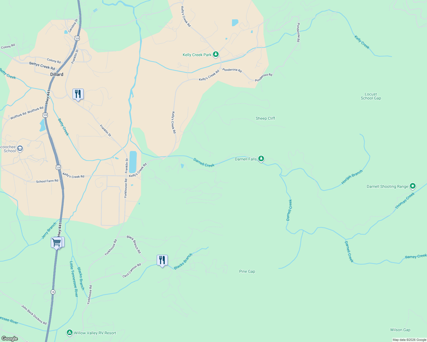 map of restaurants, bars, coffee shops, grocery stores, and more near 430 Darnell Creek Road in Rabun Gap
