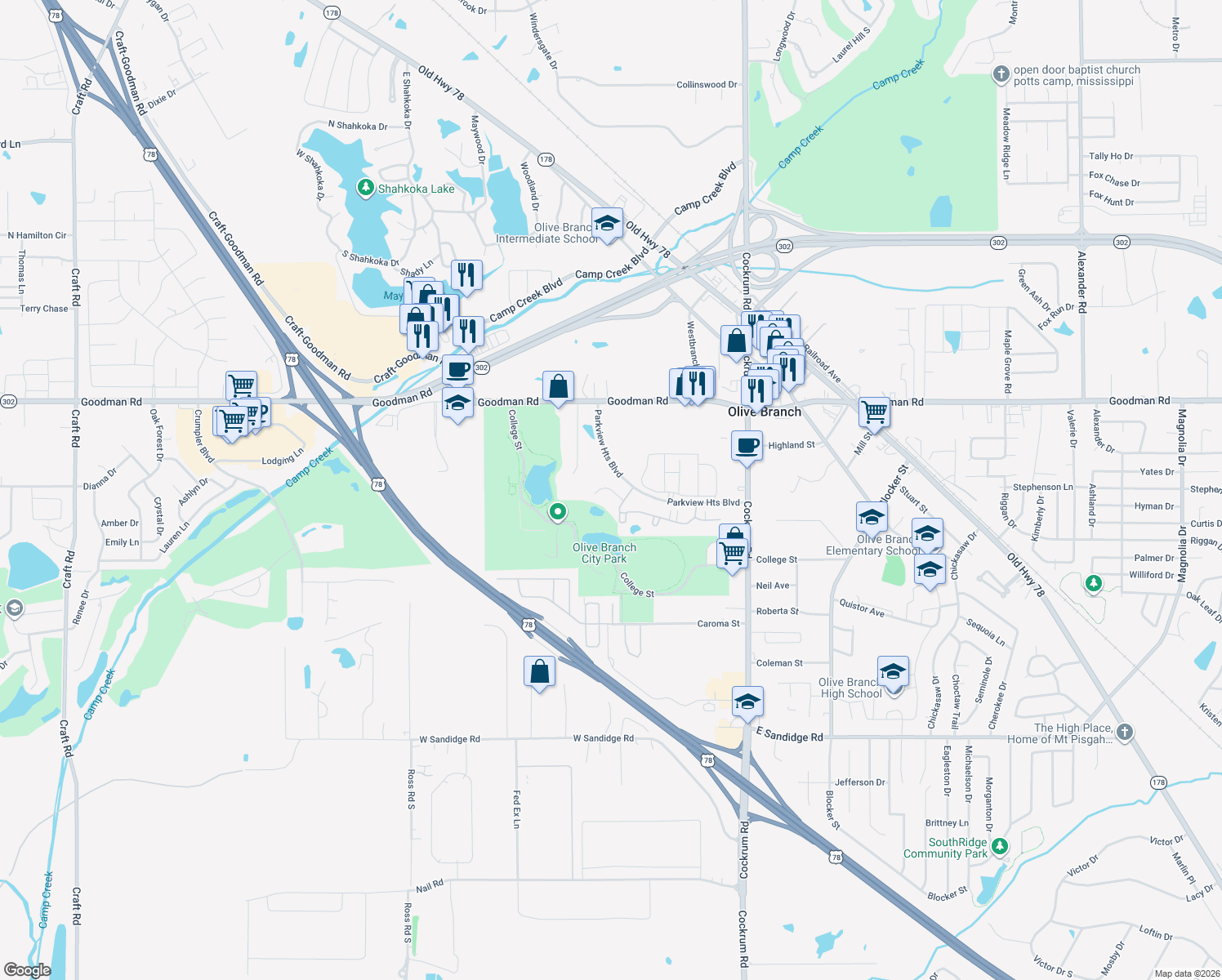 map of restaurants, bars, coffee shops, grocery stores, and more near Oak Heights Lane in Olive Branch