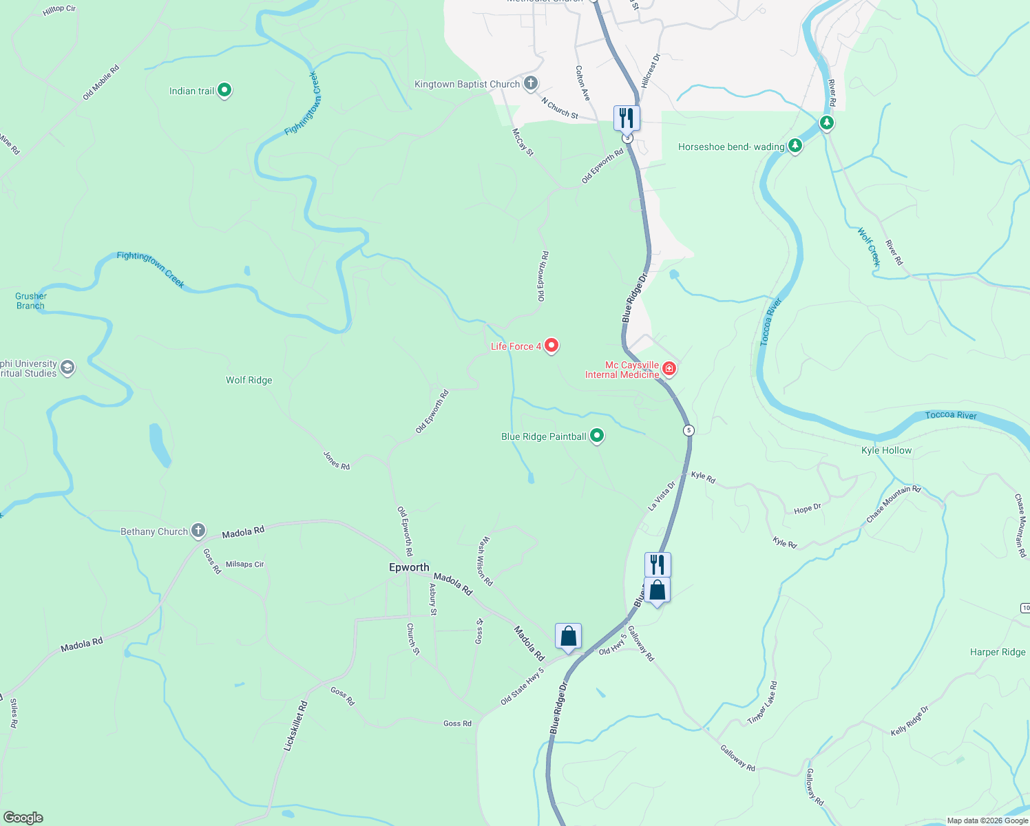 map of restaurants, bars, coffee shops, grocery stores, and more near 160 Brookwood Drive in Blue Ridge