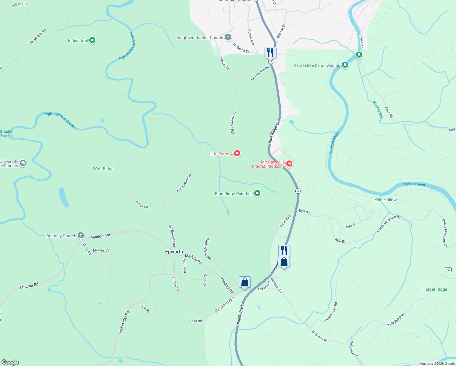 map of restaurants, bars, coffee shops, grocery stores, and more near 160 Brookwood Drive in Blue Ridge