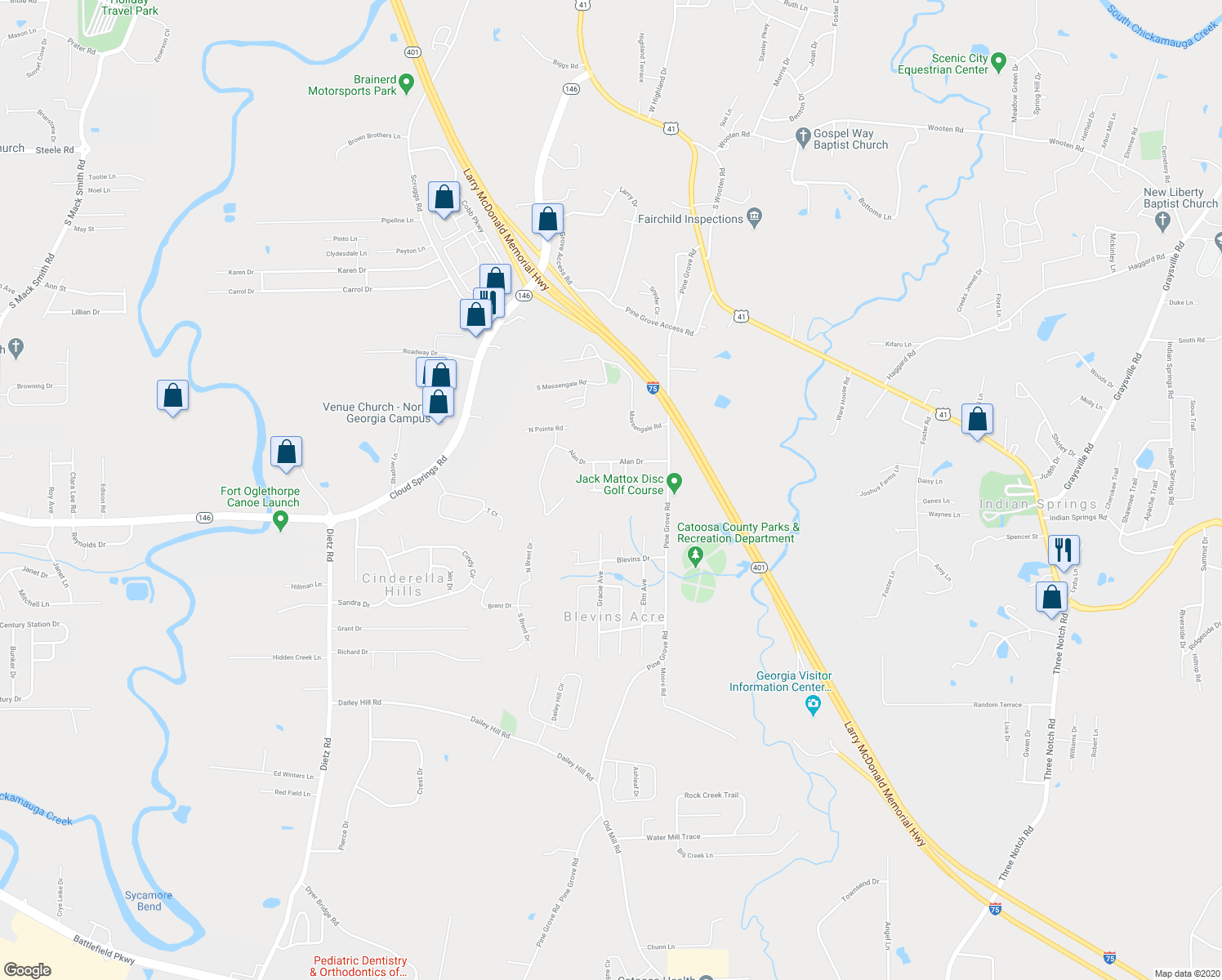 map of restaurants, bars, coffee shops, grocery stores, and more near 64 Sunny Lane in Ringgold