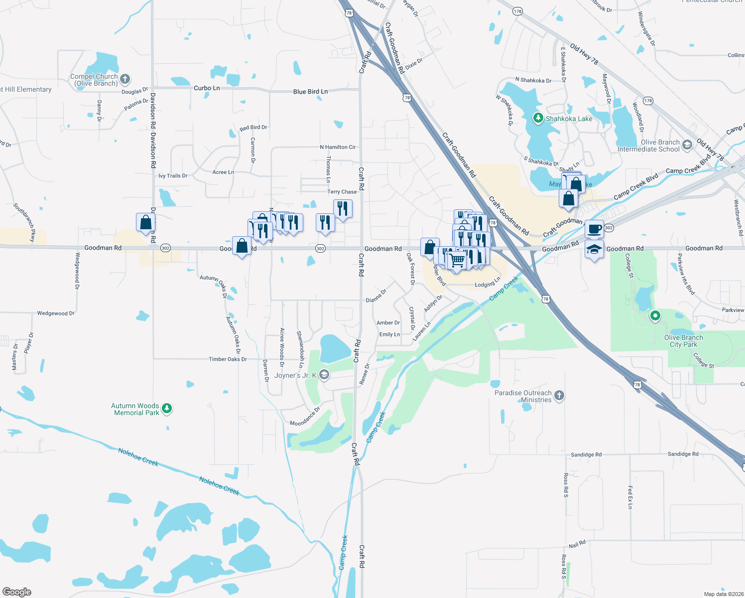 map of restaurants, bars, coffee shops, grocery stores, and more near 6747 Dianna Drive in Olive Branch