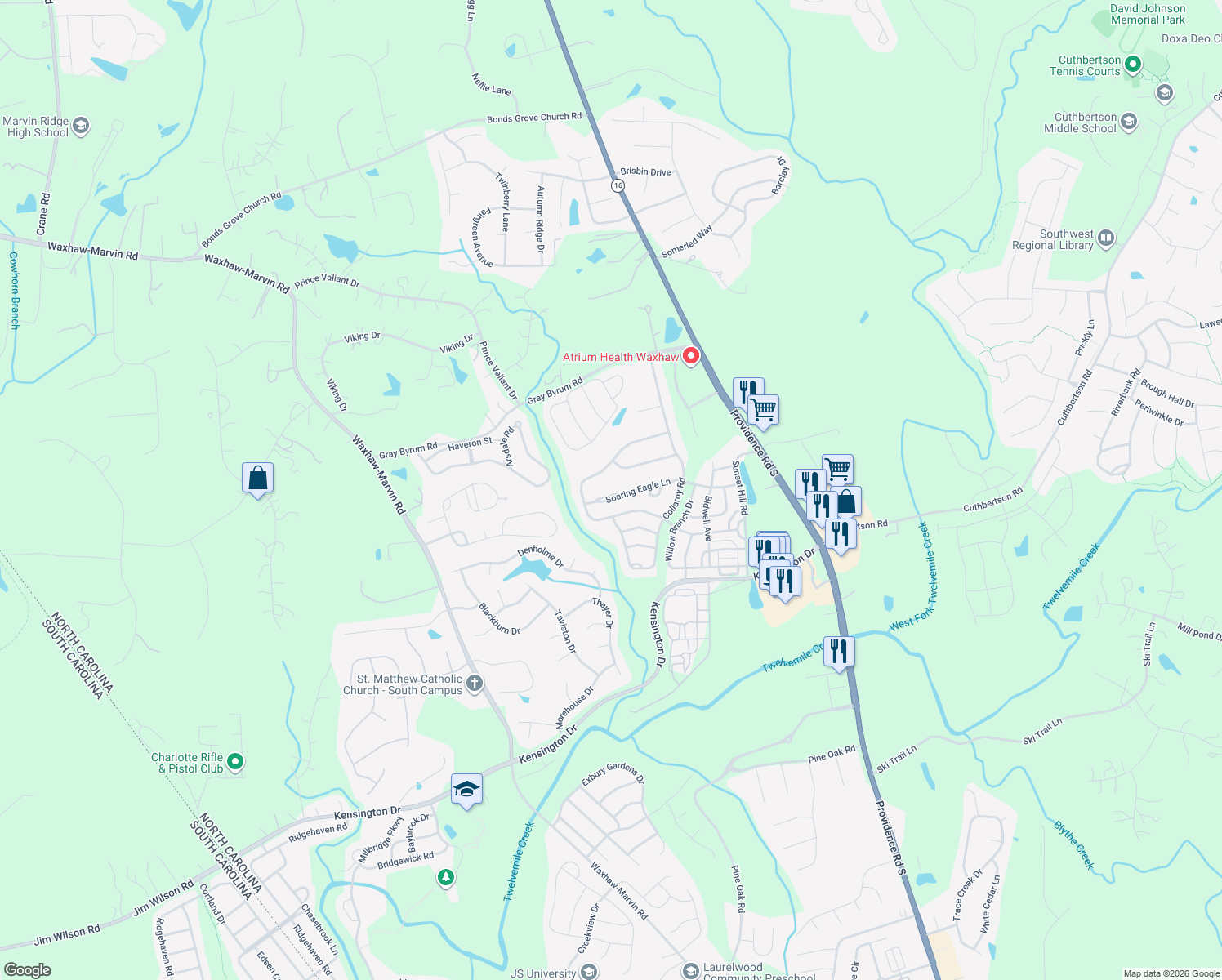 map of restaurants, bars, coffee shops, grocery stores, and more near 8712 Soaring Eagle Lane in Waxhaw