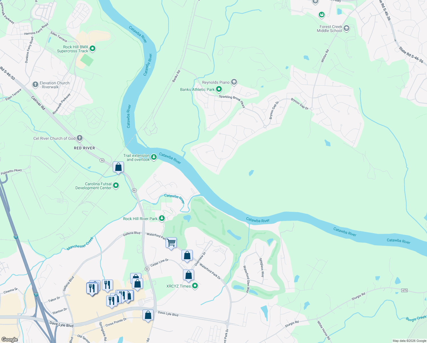 map of restaurants, bars, coffee shops, grocery stores, and more near 2250 Brandybuck Court in Fort Mill