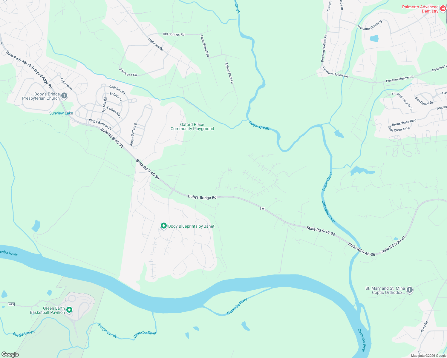 map of restaurants, bars, coffee shops, grocery stores, and more near 614 Falls Creek Court in Fort Mill