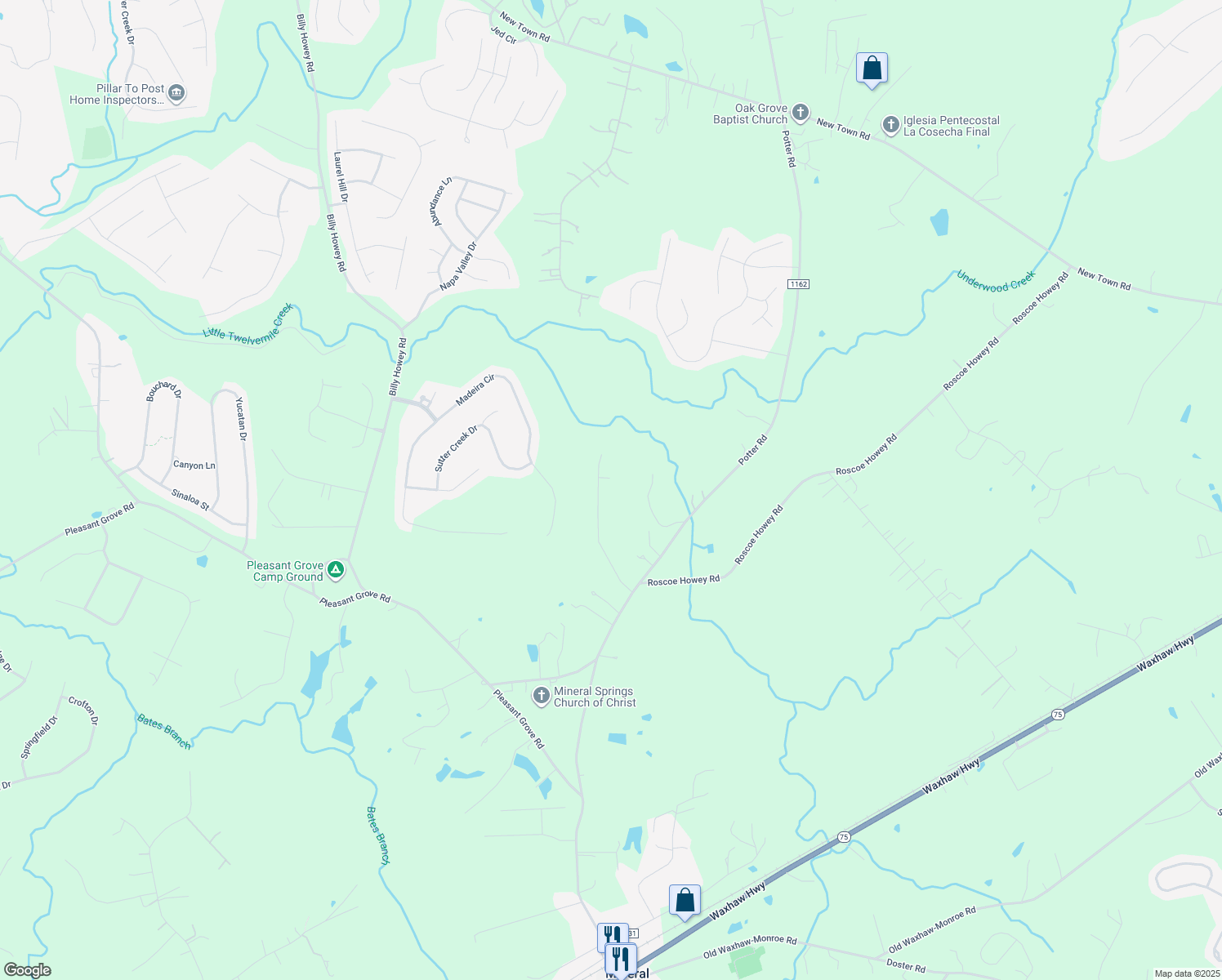 map of restaurants, bars, coffee shops, grocery stores, and more near 2320 Potter Downs Drive in Waxhaw