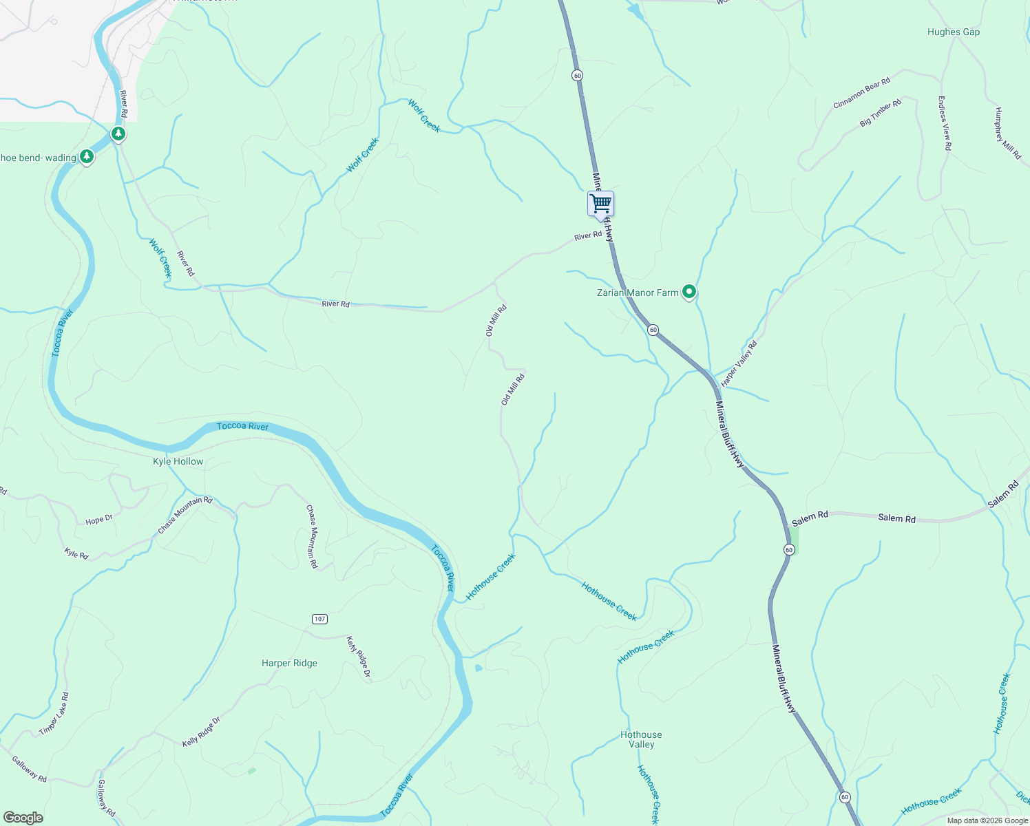 map of restaurants, bars, coffee shops, grocery stores, and more near 619 Old Mill Road in Mineral Bluff