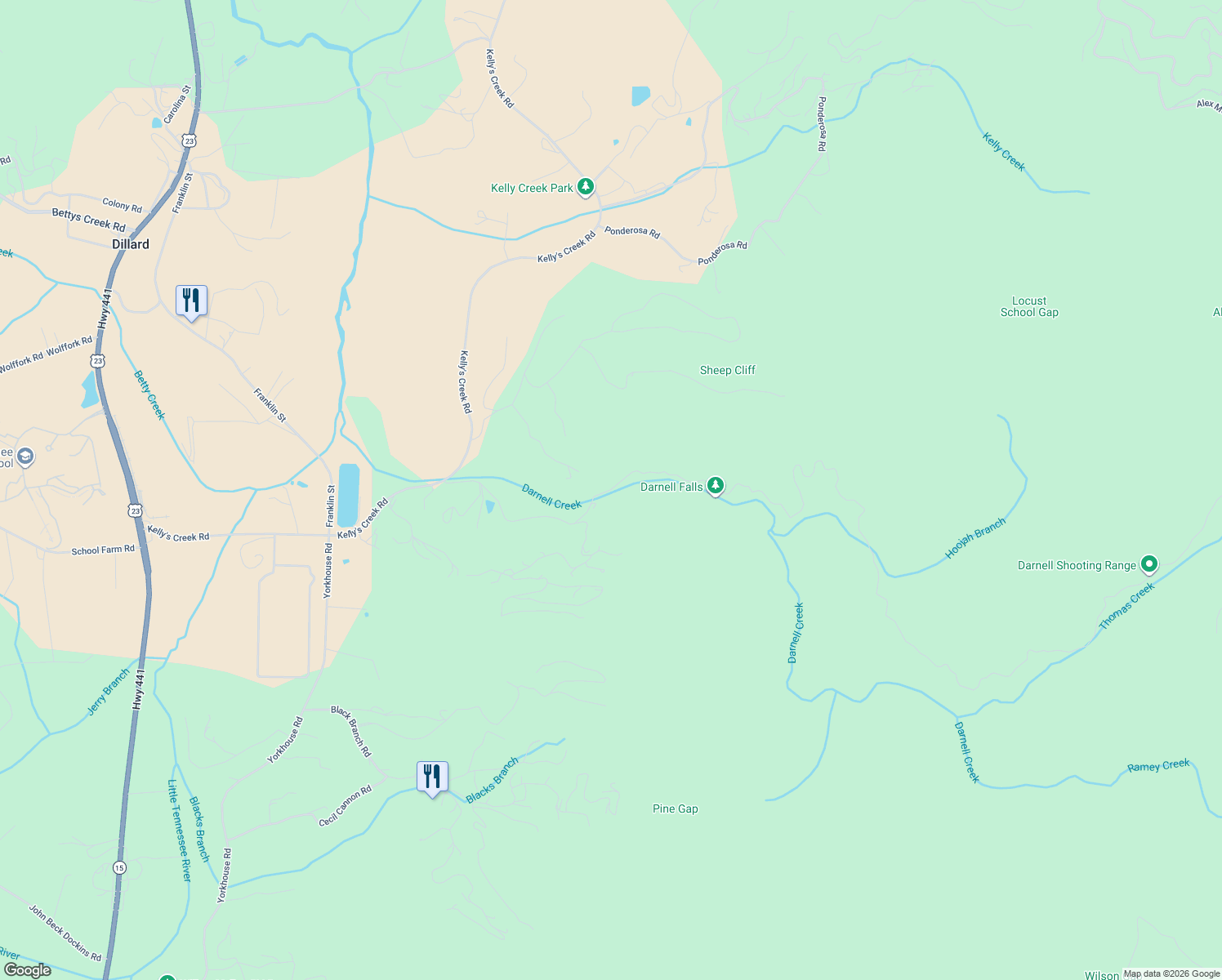 map of restaurants, bars, coffee shops, grocery stores, and more near Darnell Creek Road in Dillard