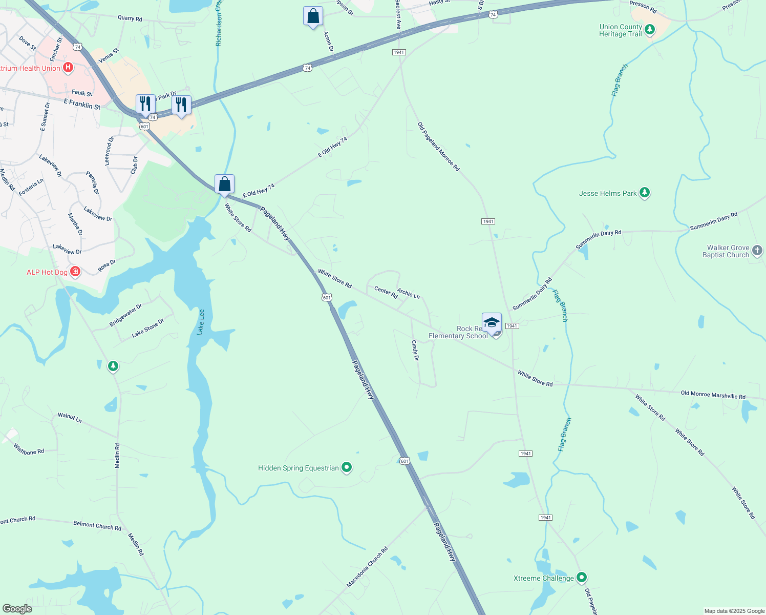 map of restaurants, bars, coffee shops, grocery stores, and more near 2114 White Store Road in Monroe