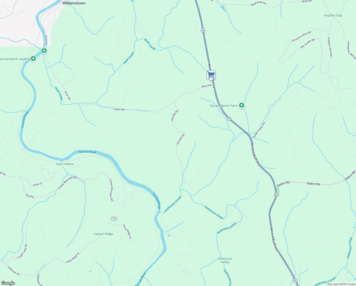 map of restaurants, bars, coffee shops, grocery stores, and more near 619 Old Mill Road in Mineral Bluff