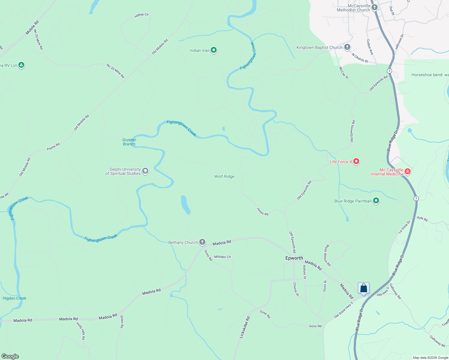 map of restaurants, bars, coffee shops, grocery stores, and more near 630 Jones Road in Epworth