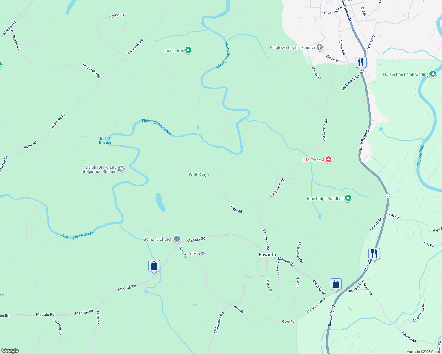 map of restaurants, bars, coffee shops, grocery stores, and more near 180 Broken Arrow Way in Epworth