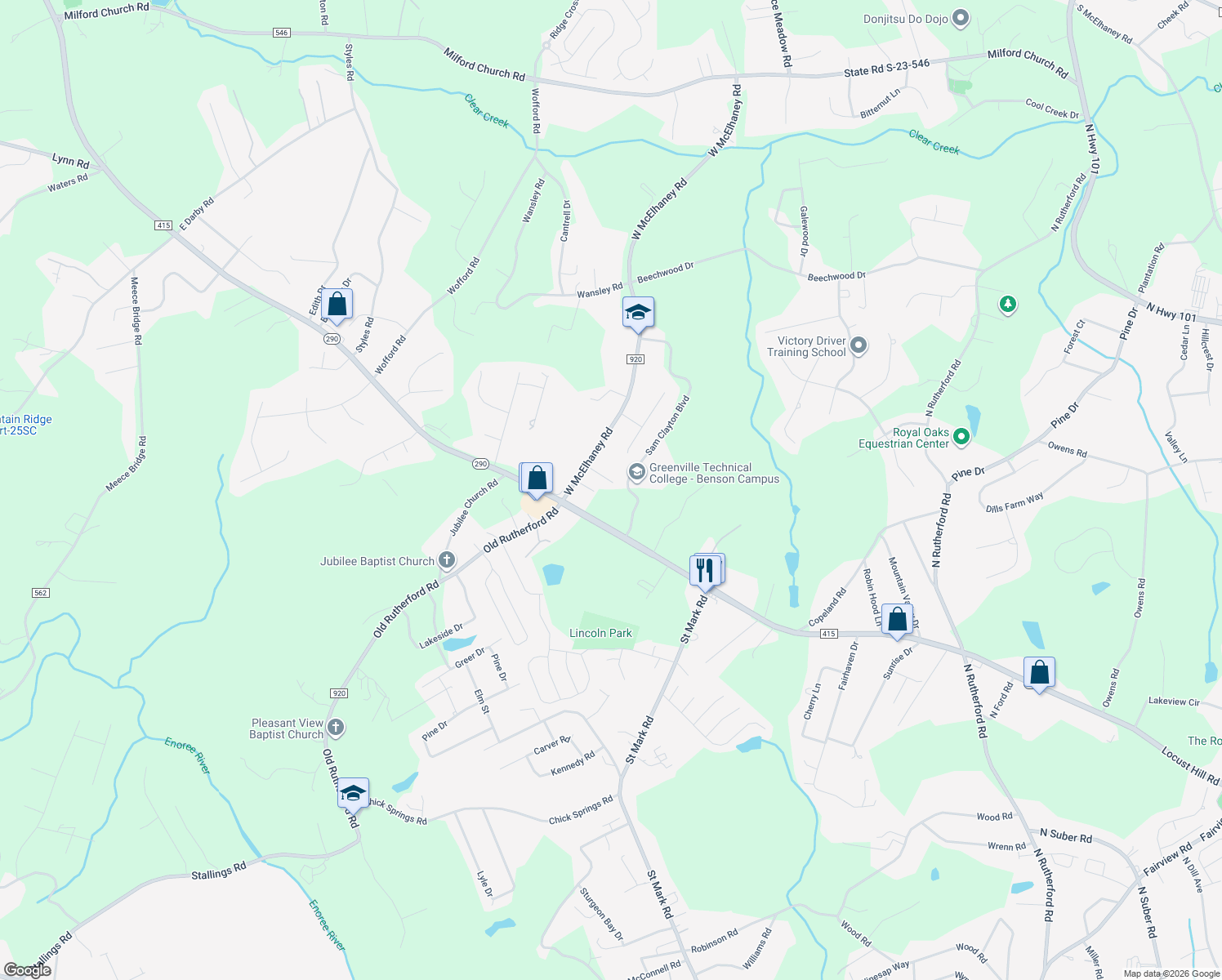 map of restaurants, bars, coffee shops, grocery stores, and more near 12 Cottonwood Tree Court in Taylors