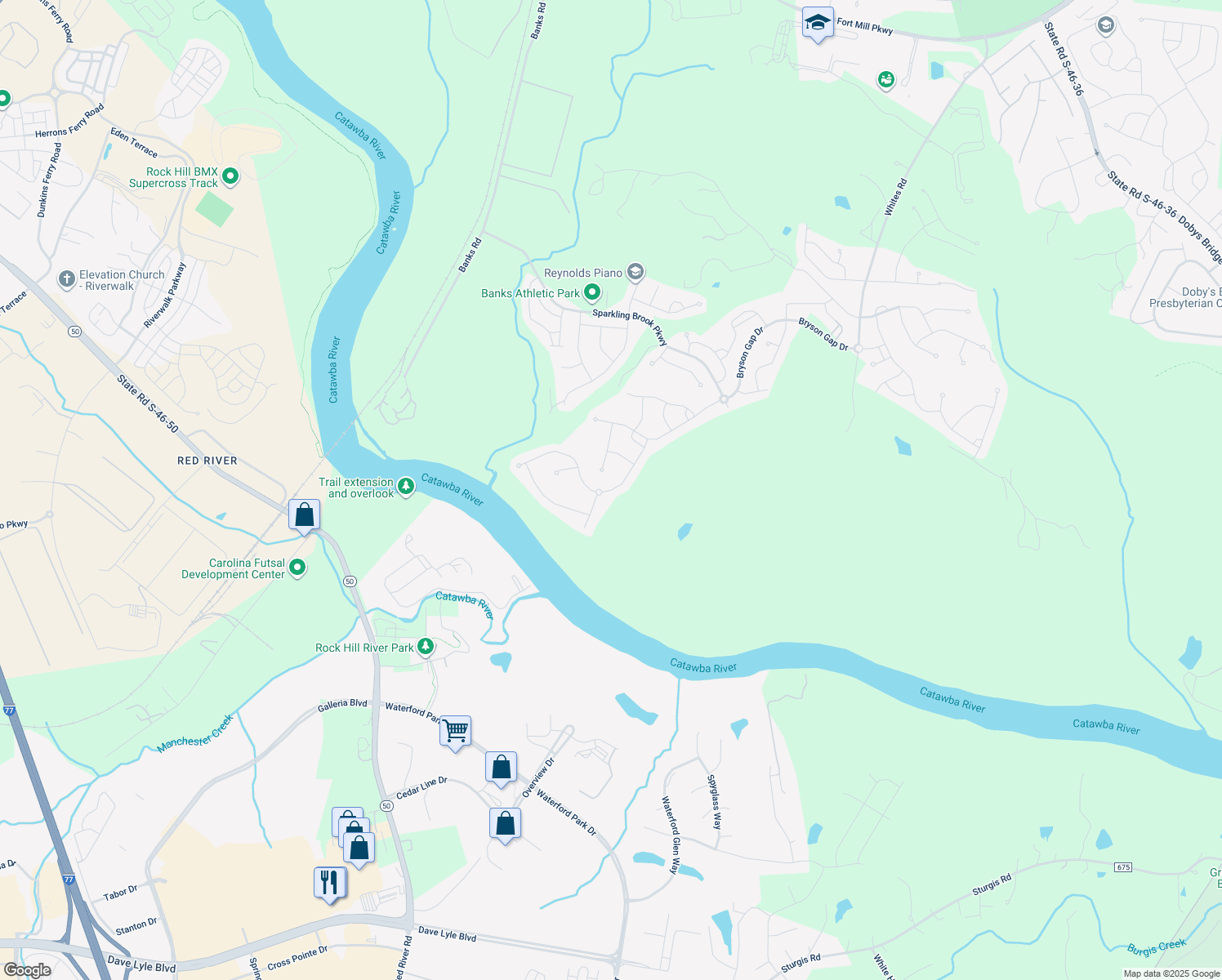 map of restaurants, bars, coffee shops, grocery stores, and more near 1861 Sapphire Meadow Drive in Fort Mill