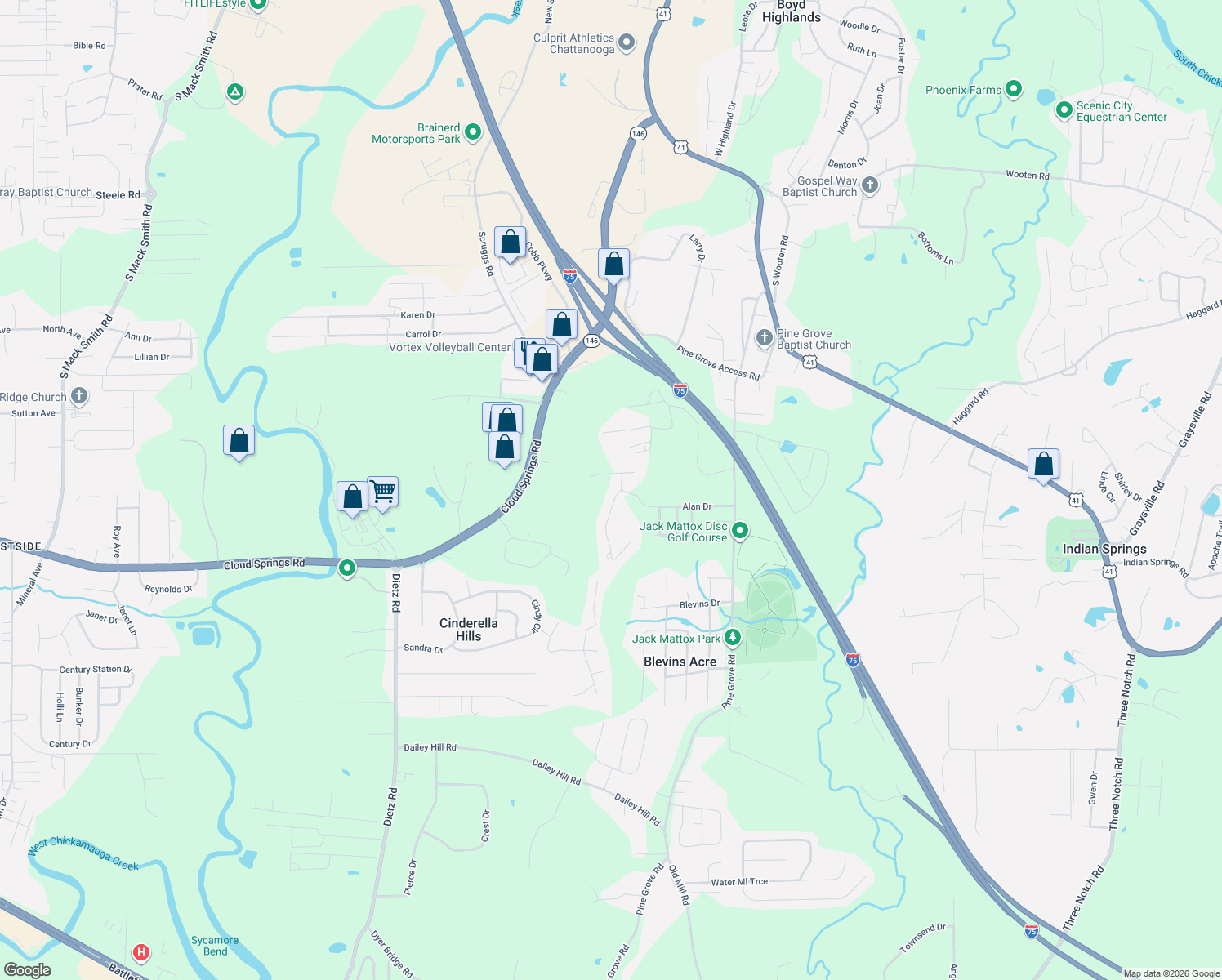 map of restaurants, bars, coffee shops, grocery stores, and more near 36 The Pointe Drive in Ringgold