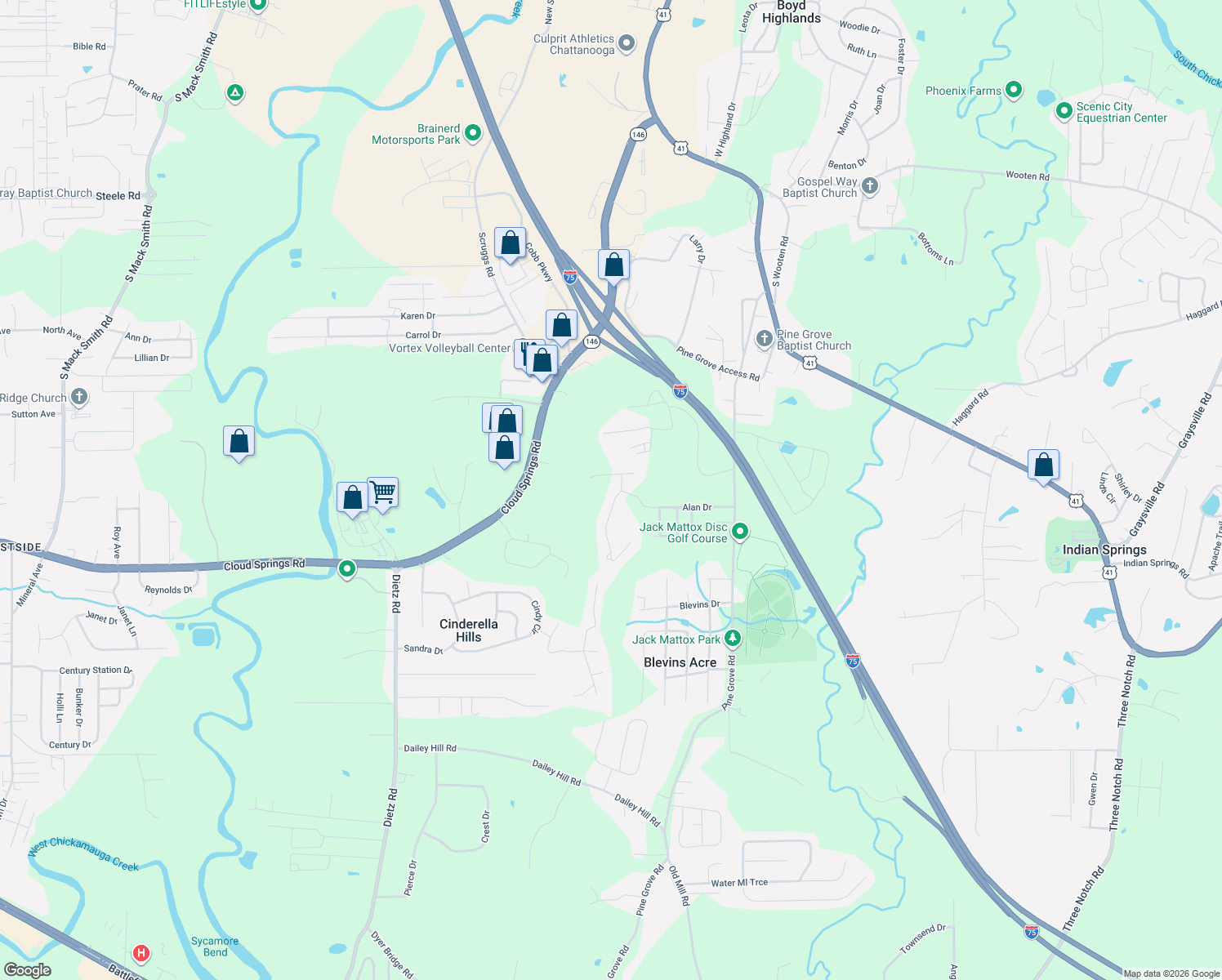 map of restaurants, bars, coffee shops, grocery stores, and more near 36 The Pointe Drive in Ringgold