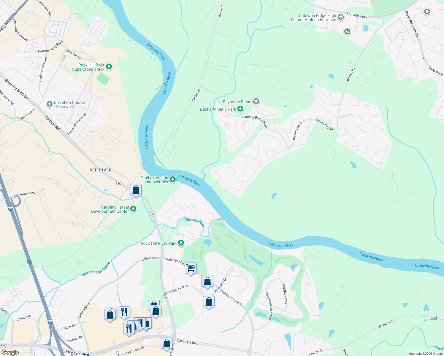 map of restaurants, bars, coffee shops, grocery stores, and more near 2164 Hanging Rock Road in Fort Mill
