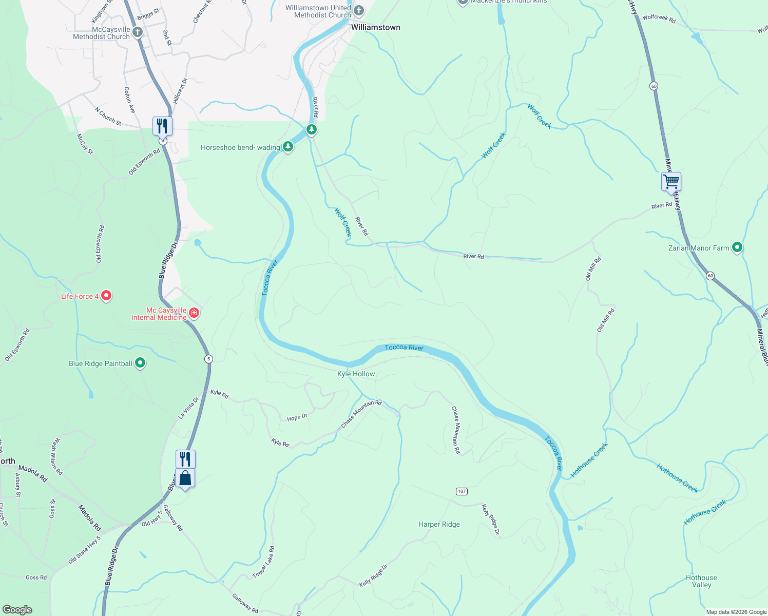 map of restaurants, bars, coffee shops, grocery stores, and more near 276 Lookout Trail in Mineral Bluff