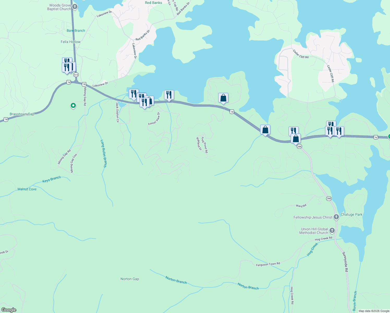 map of restaurants, bars, coffee shops, grocery stores, and more near Locust Trail in Hiawassee