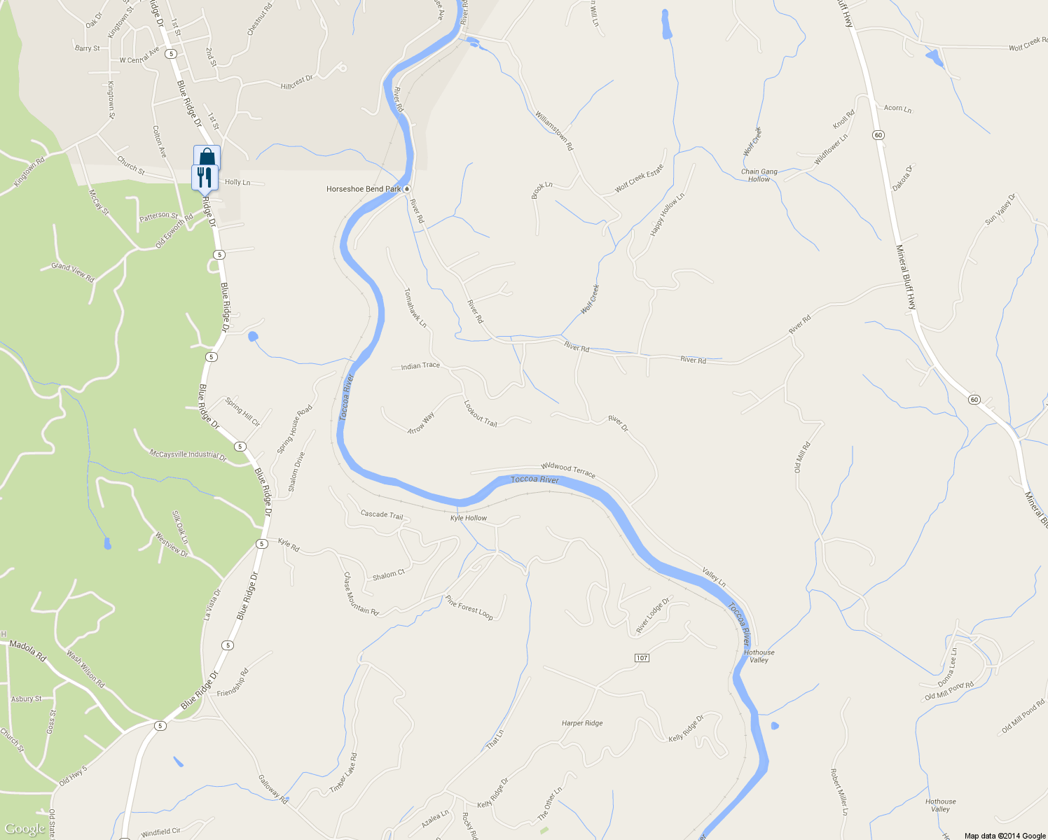 map of restaurants, bars, coffee shops, grocery stores, and more near 276 Lookout Trail in Mineral Bluff