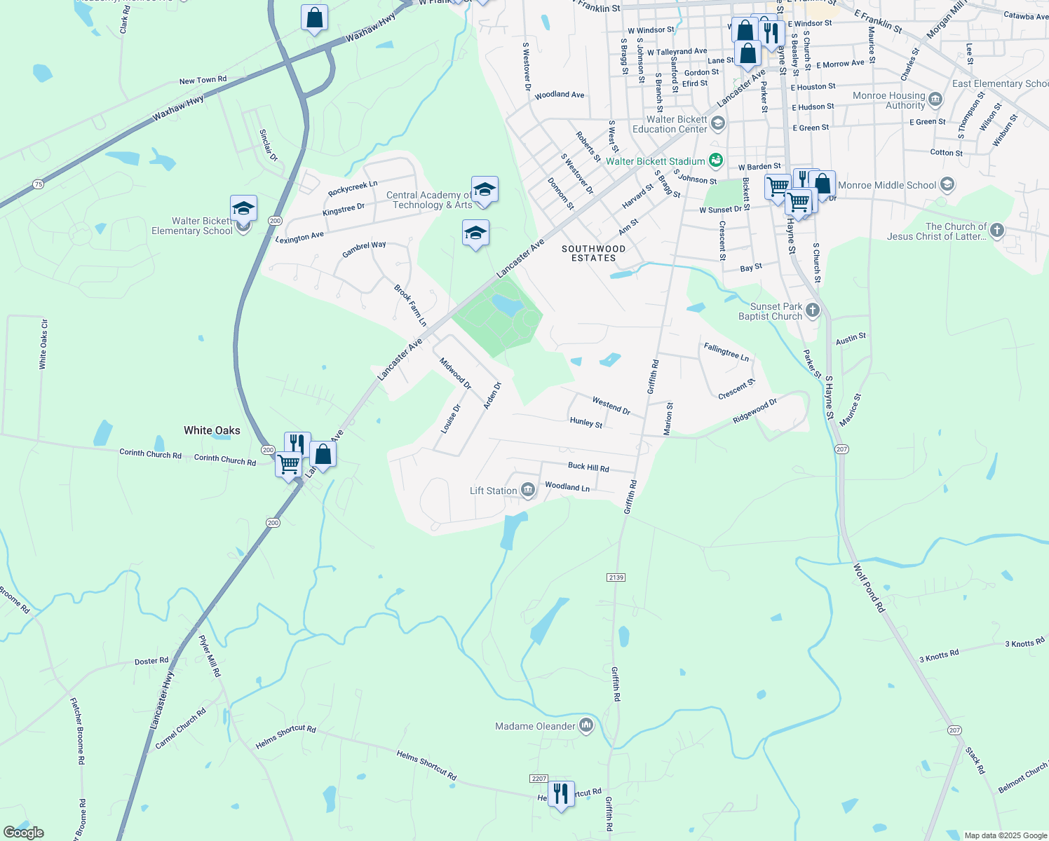 map of restaurants, bars, coffee shops, grocery stores, and more near 615 Hunley Street in Monroe