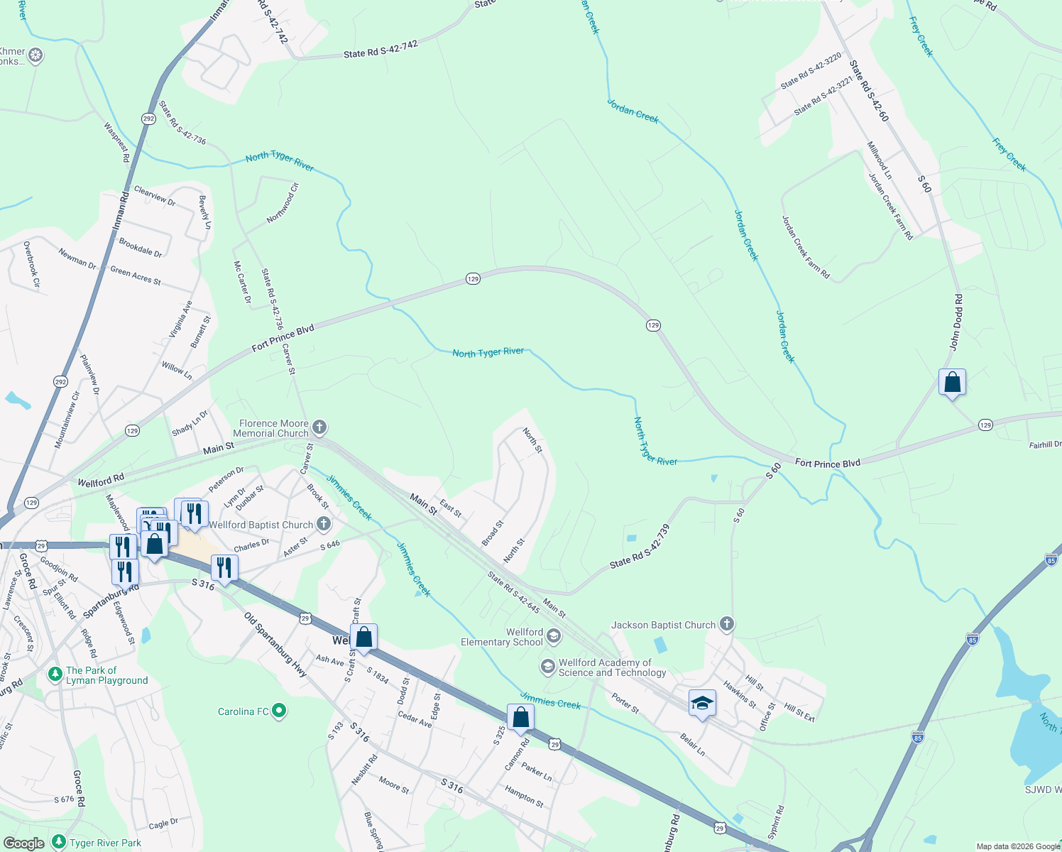 map of restaurants, bars, coffee shops, grocery stores, and more near 168 North Street in Wellford