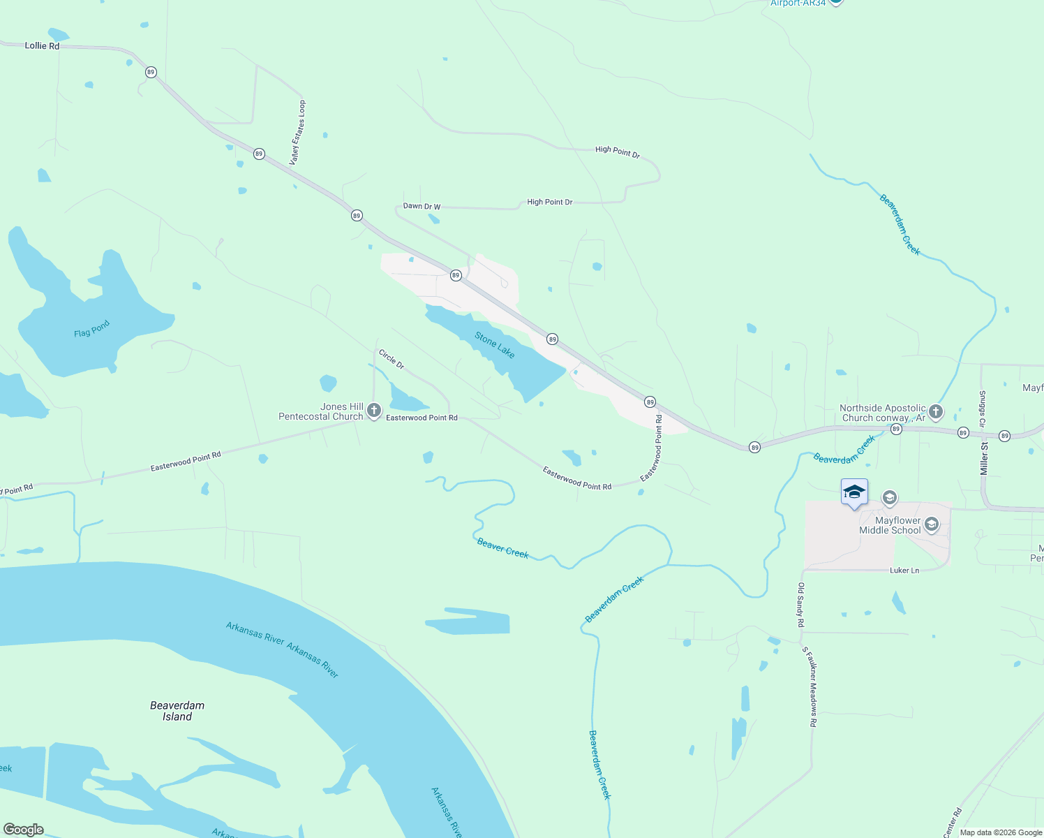 map of restaurants, bars, coffee shops, grocery stores, and more near 16 Ridge Lane in Mayflower