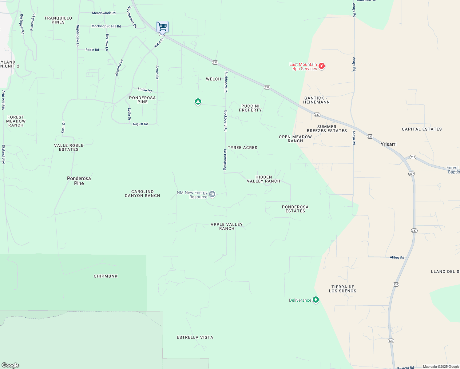 map of restaurants, bars, coffee shops, grocery stores, and more near 85 Buckboard Road in Tijeras