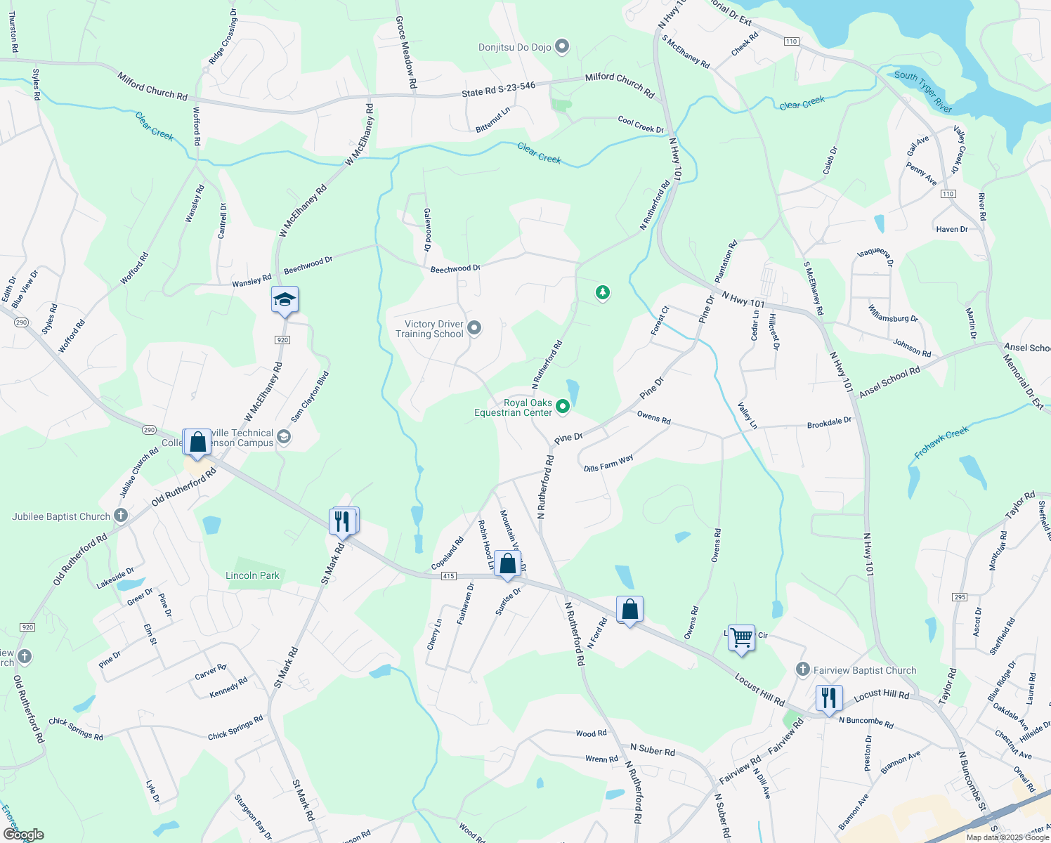 map of restaurants, bars, coffee shops, grocery stores, and more near 308 North Rutherford Road in Greer